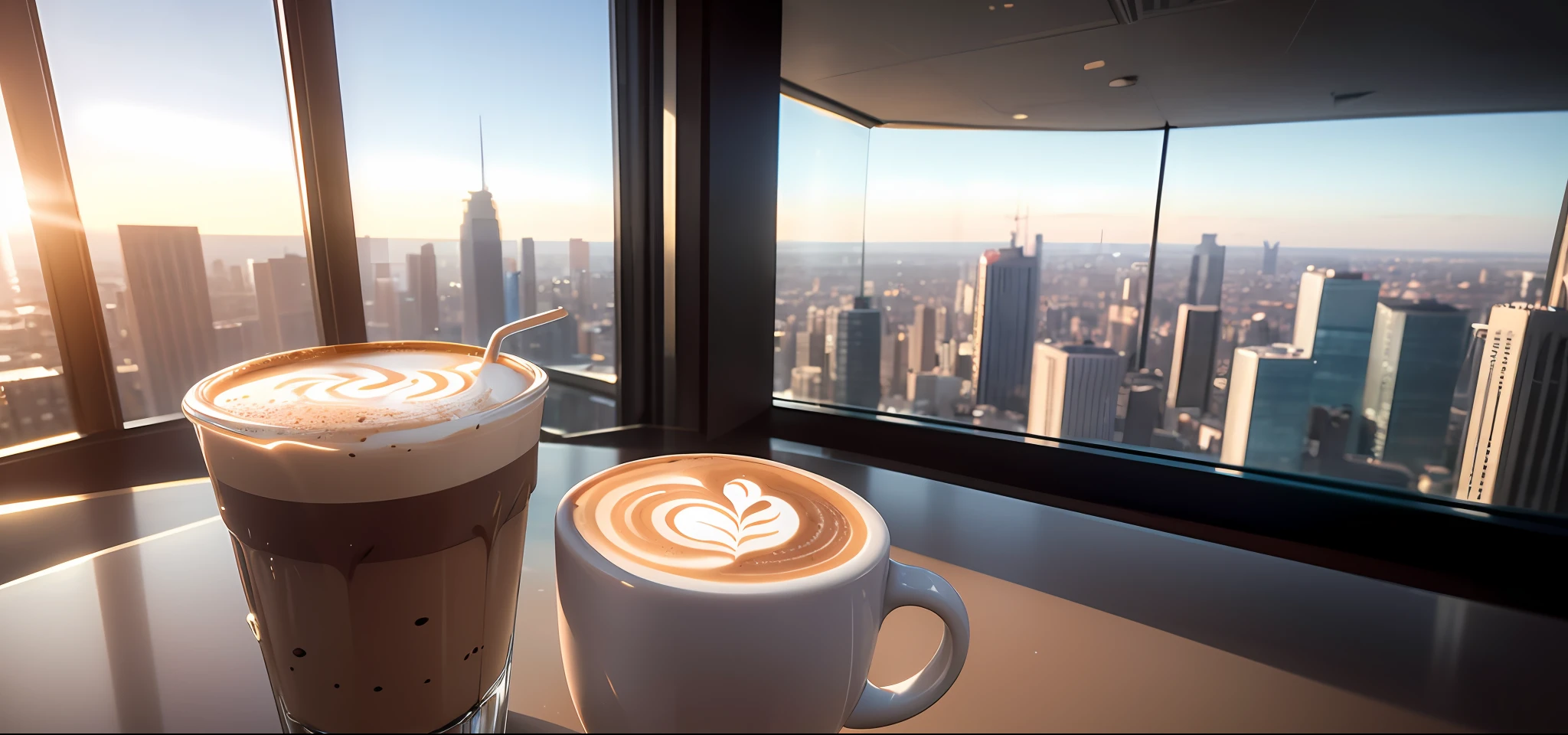 Coffee close-up, Latte close-up, Cappuccino close-up, American coffee close-up, Business conference table, Modern decoration, Floor-to-ceiling windows overlooking the modern city, Expansive movie view, Accurate architectural rendering, romantic light and shadow, realistic images, 8k, Photo, Large aperture, Kodak perspective, Bright tones, UHD