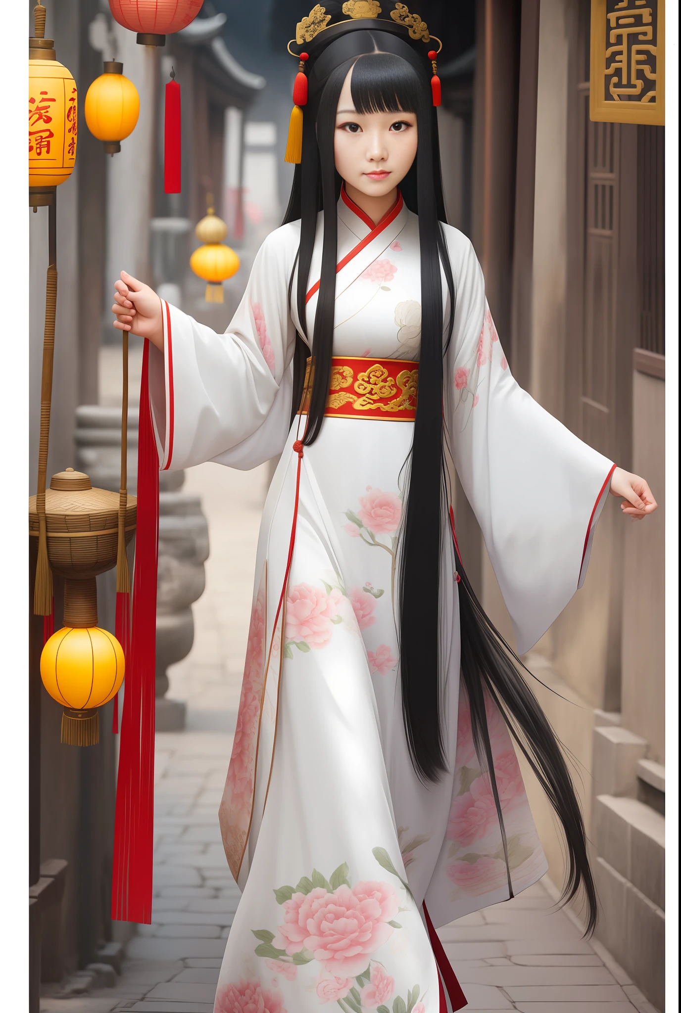 A girl with long black hair Chinese ancient style in ancient Chinese Jiangnan street, HD