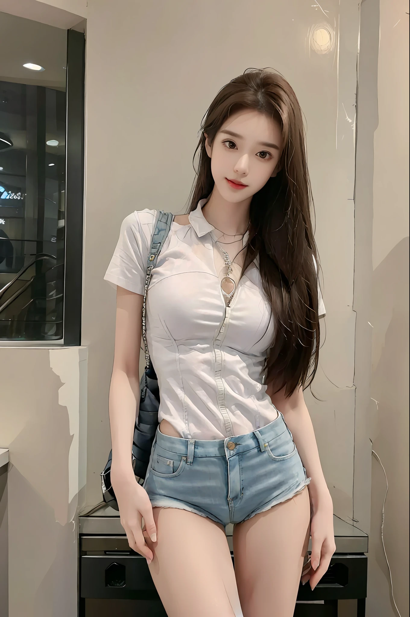 realistic, high resolution, 1 girl, long hair, korean,, loose white shirt, skinny denim shorts,, thighs, panties visible,