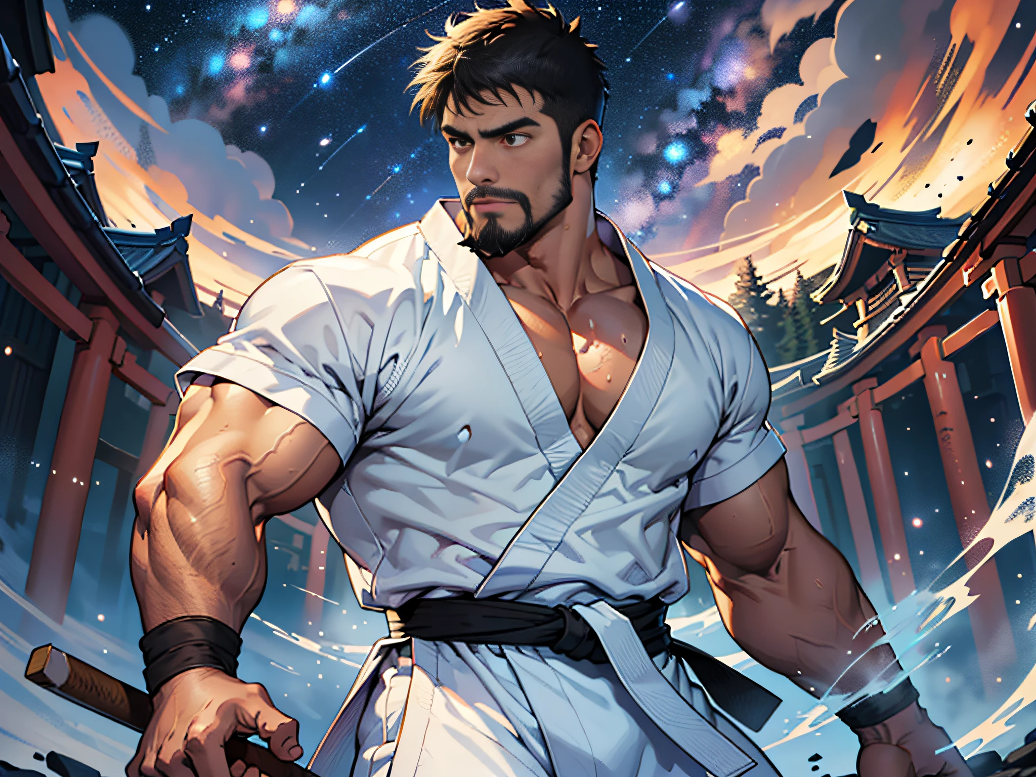 best quality, masterpiece, super high resolution, detailed background, realism, illustrations, single, 1 boy, torii, muscle, volumetric lighting, depth of field, facial hair, ryu, white clothes, black belt, light particles, massive bulge, starry sky, martial artist, sweating, short hair, perfect eyes