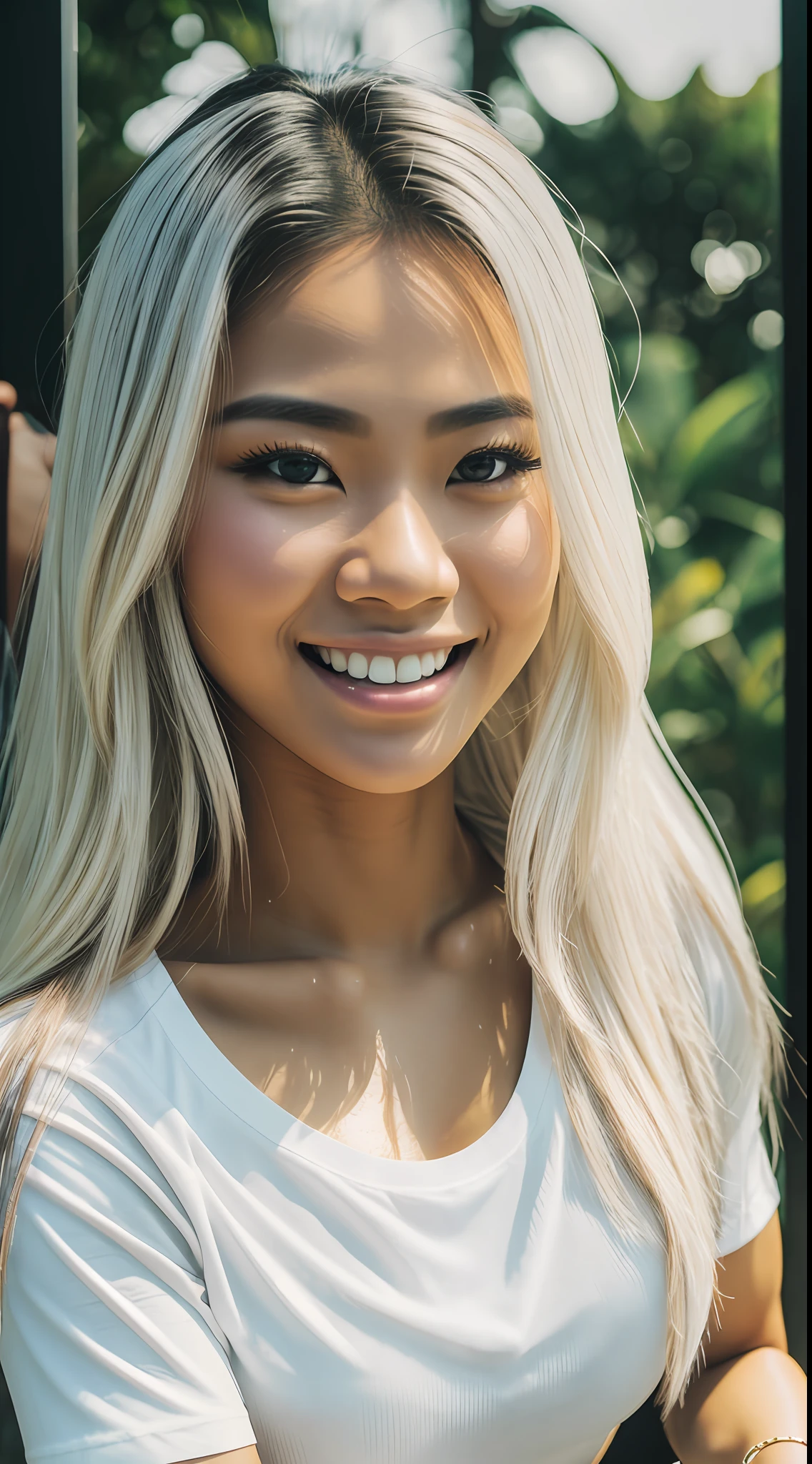 young Thai woman, bodybuilder physique, wearing a wet white top and jeans, smiling, having a cup of coffee with a friend at a coffee shop, (8k), (best quality), (masterpiece:1.3), (realistic), (photorealistic:1.34), ultra-detailed, [beautiful detailed eyes], (beautiful detailed nose), [very long blond hair], (see-through white t-shirt), jeans, (large breasts), (close up), park, depth of field, --auto --s2