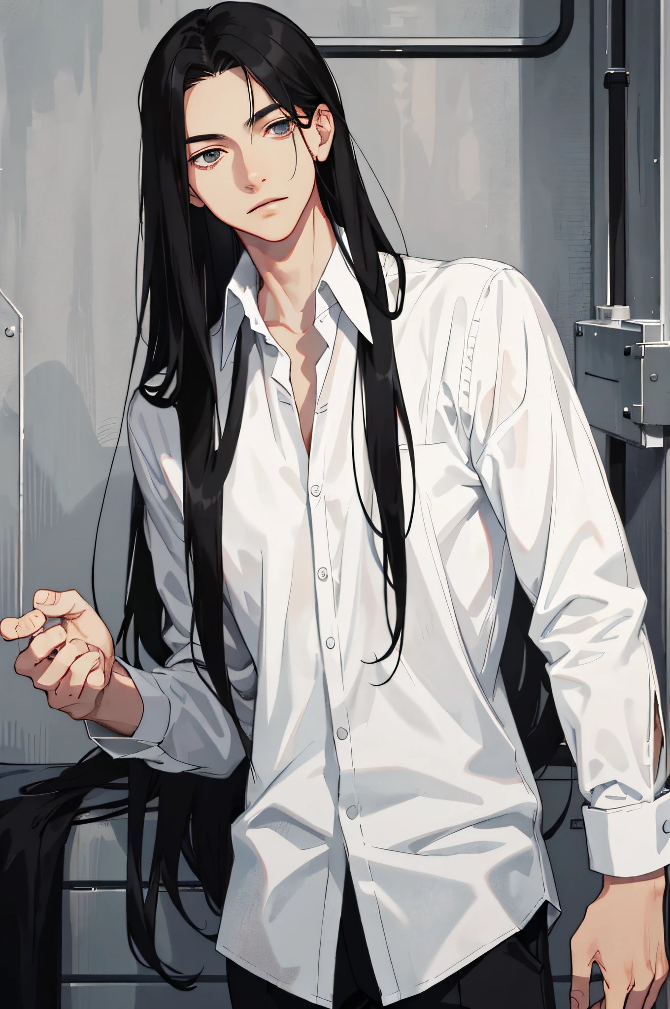 Masterpiece, best quality, 1 male, ager, delicate eyes, long black hair, straight hair, fair skin, delicate face, calm expression, white shirt, modern, urban, gray, red