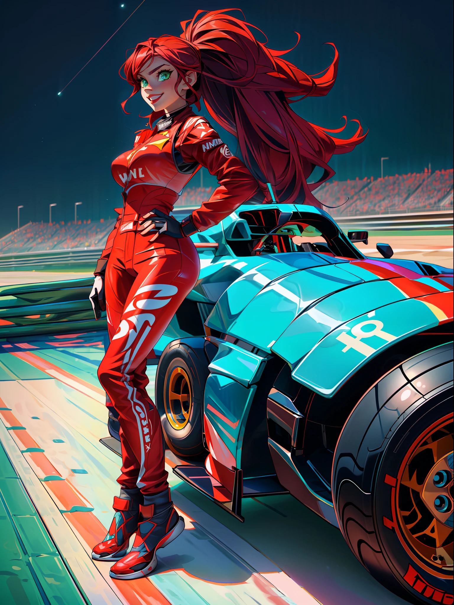 ((full body):1.5), (Only one woman):1.2),((wearing red formula 1 runner suit)1.2), ((long blue hair down to shoulders, sparkling green eyes) 1.3), ((striking an erotic pose in a formula 1 car, looking at the viewer, smiling):1.3), ((extremely large breasts):1.2), ((Hypodromia from formula 1 racing, is in night, raining heavily, several people are in the stands):1.3), anime, anime style, 16k, ((best quality, high details):1.4), masterpiece, UHD
