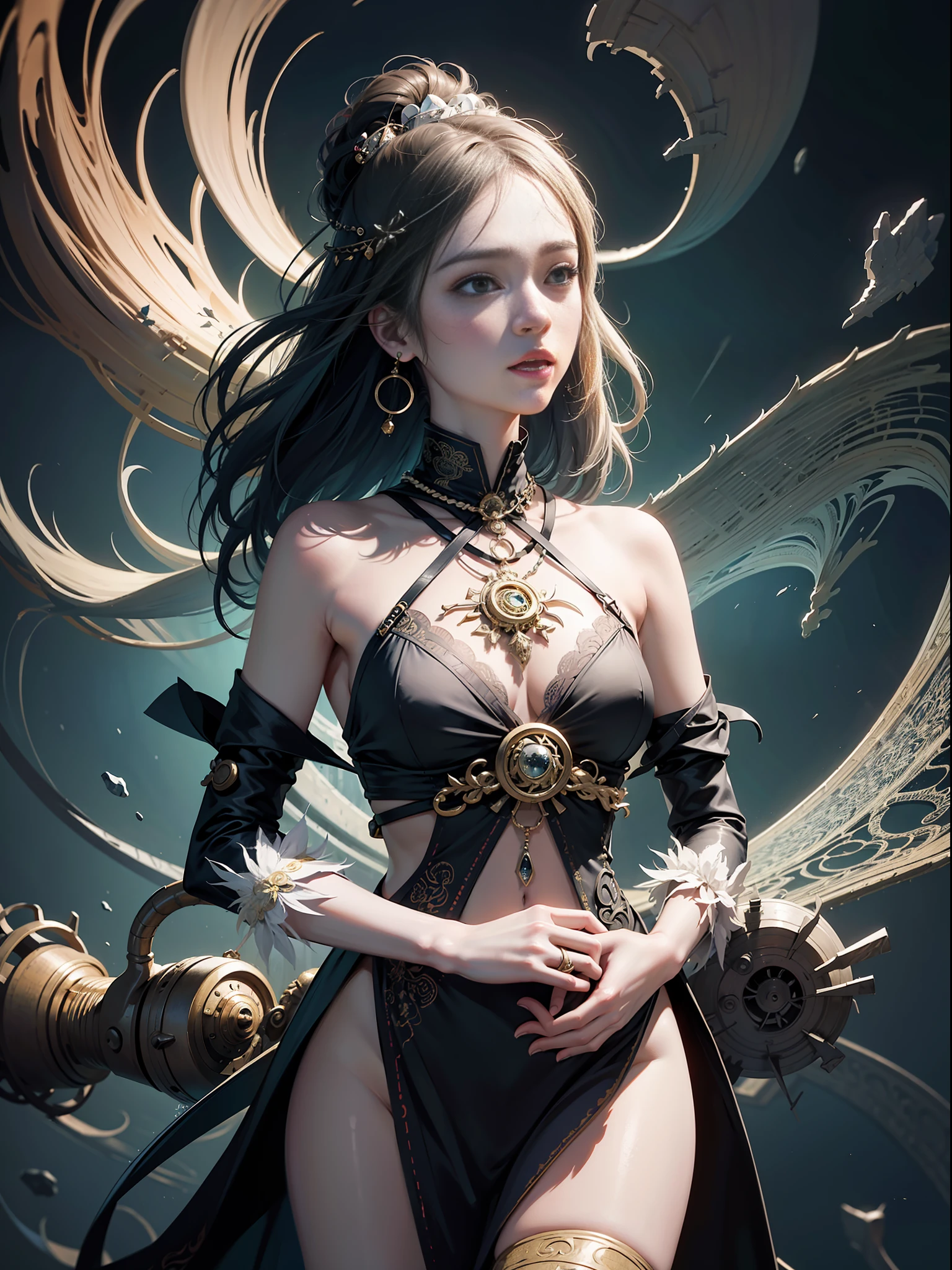 Official Art, Unity 8k Wallpapers, Ultra Detailed, Beautiful and Aesthetic, Masterpiece, Best Quality, (Zentangle, Mandala, Tangled, Entangle), (Fractal Art: 1.3), 1girl, Very Detailed, Dynamic Angle, Cowboyshot, Most Beautiful Forms Chaotic, Elegant, Fauvist Design, Bright Colors, Romanticism, James Jean, Robbie Devi Antono, Ross Tran, Francis Bacon, Michal Mlaz, Adrian Ganey, Petra Kotwright, Gerhard Richter, Takashi Yamamoto, Ashley Wood, atmospheric, ecstatic notes, flow notes visible, (black silk), (whole body),