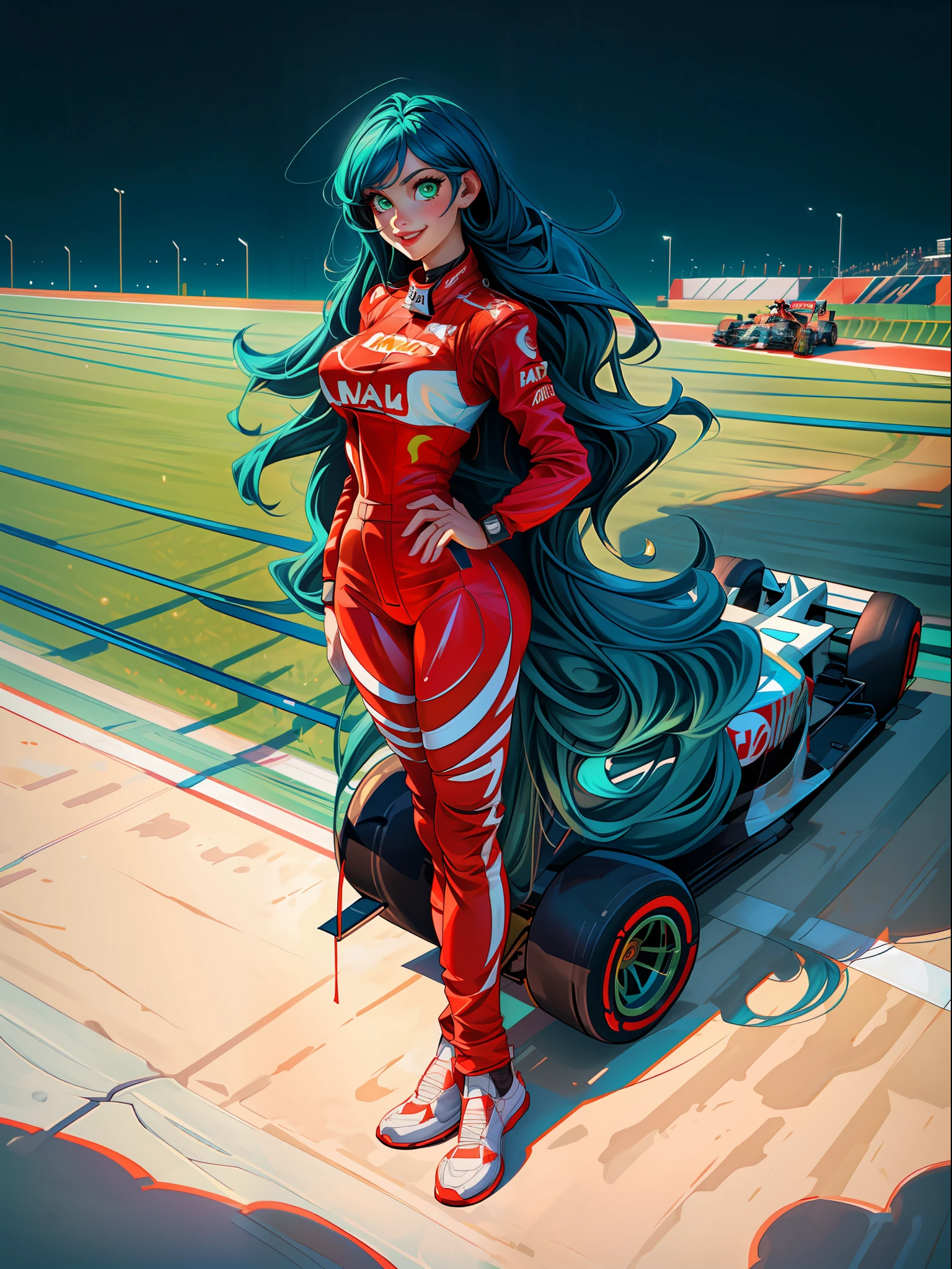 ((full body):1.5), (Only one woman):1.2),((wearing red formula 1 runner suit)1.2), ((long blue hair down to shoulders, sparkling green eyes) 1.3), ((striking an erotic pose in a formula 1 car, looking at the viewer, smiling):1.3), ((extremely large breasts):1.2), ((Hypodromia from formula 1 racing, is in night, raining heavily, several people are in the stands):1.3), anime, anime style, 16k, ((best quality, high details):1.4), masterpiece, UHD