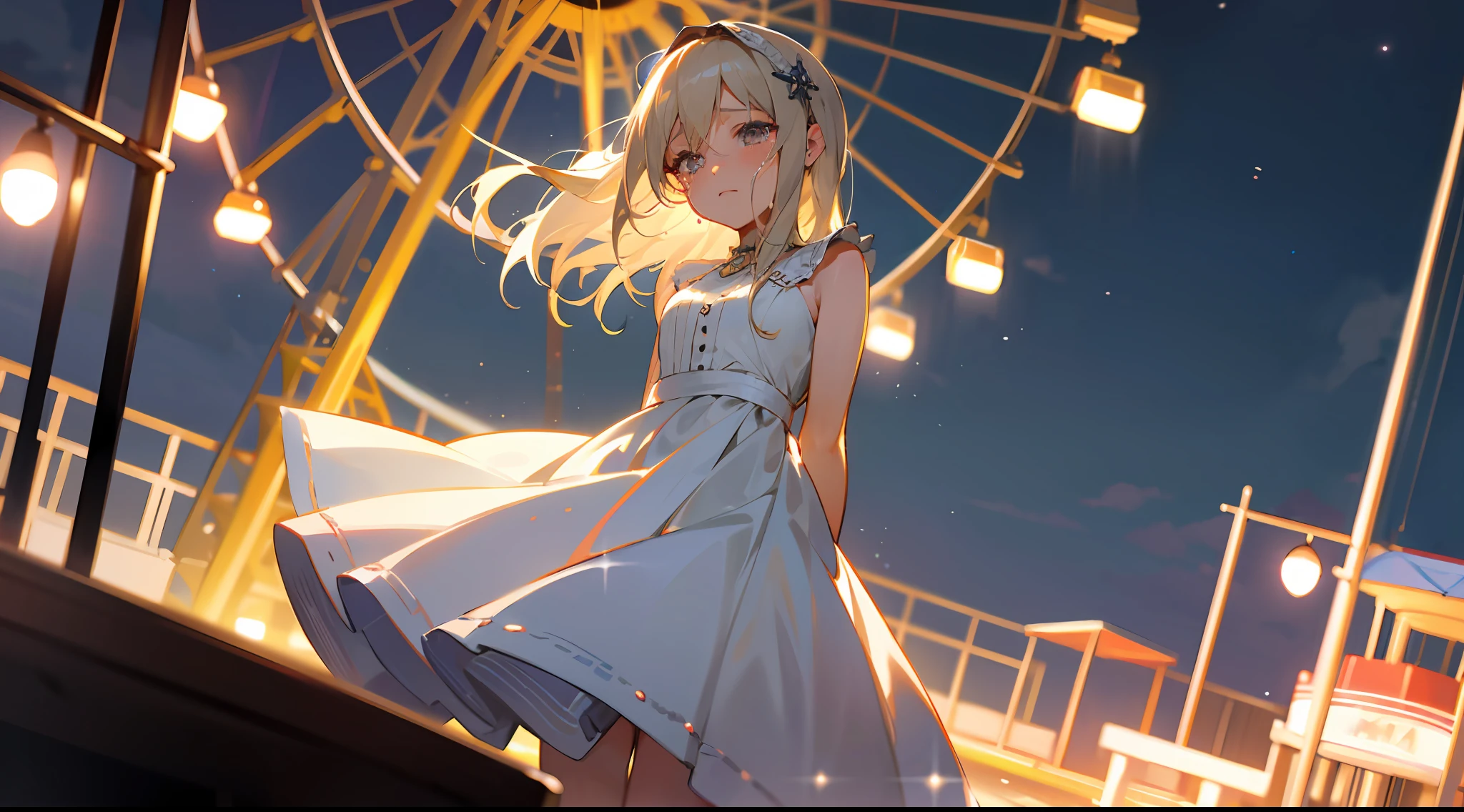cowboy shot, depth of field, cinematic angle, masterpiece, best quality, ultra-detailed, detailed eyes, arms behind back, a maiden, solo, silver hair, blonde eyes, white dress, crying, playground, gorgeous lights, Ferris wheel, night