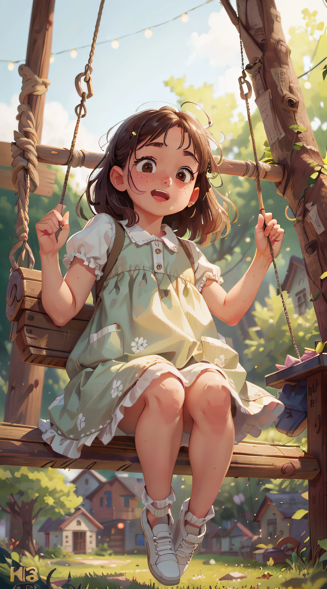 Girl, swing, Perfect quality, clear focus (clutter - home: 0.8), (masterpiece: 1.2) (Realistic: 1.2) (Bokeh) (Best quality) (Detailed skin: 1.3) (Intricate details) (8K) (Detail eyes) (Sharp focus), (Happy)