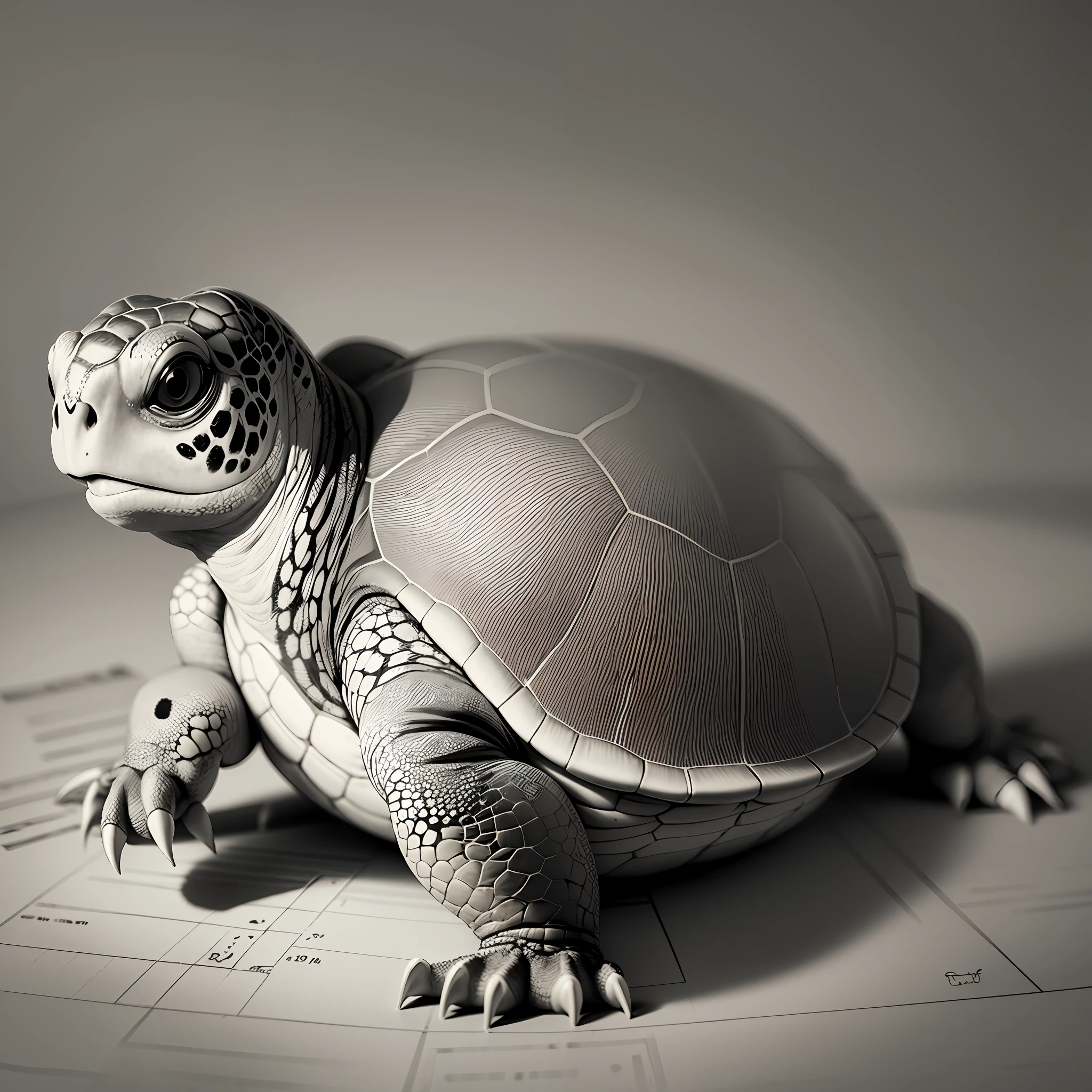 Turtle on table, scanning, black and white, sketching, light and shadow, projection, cute --auto --s2