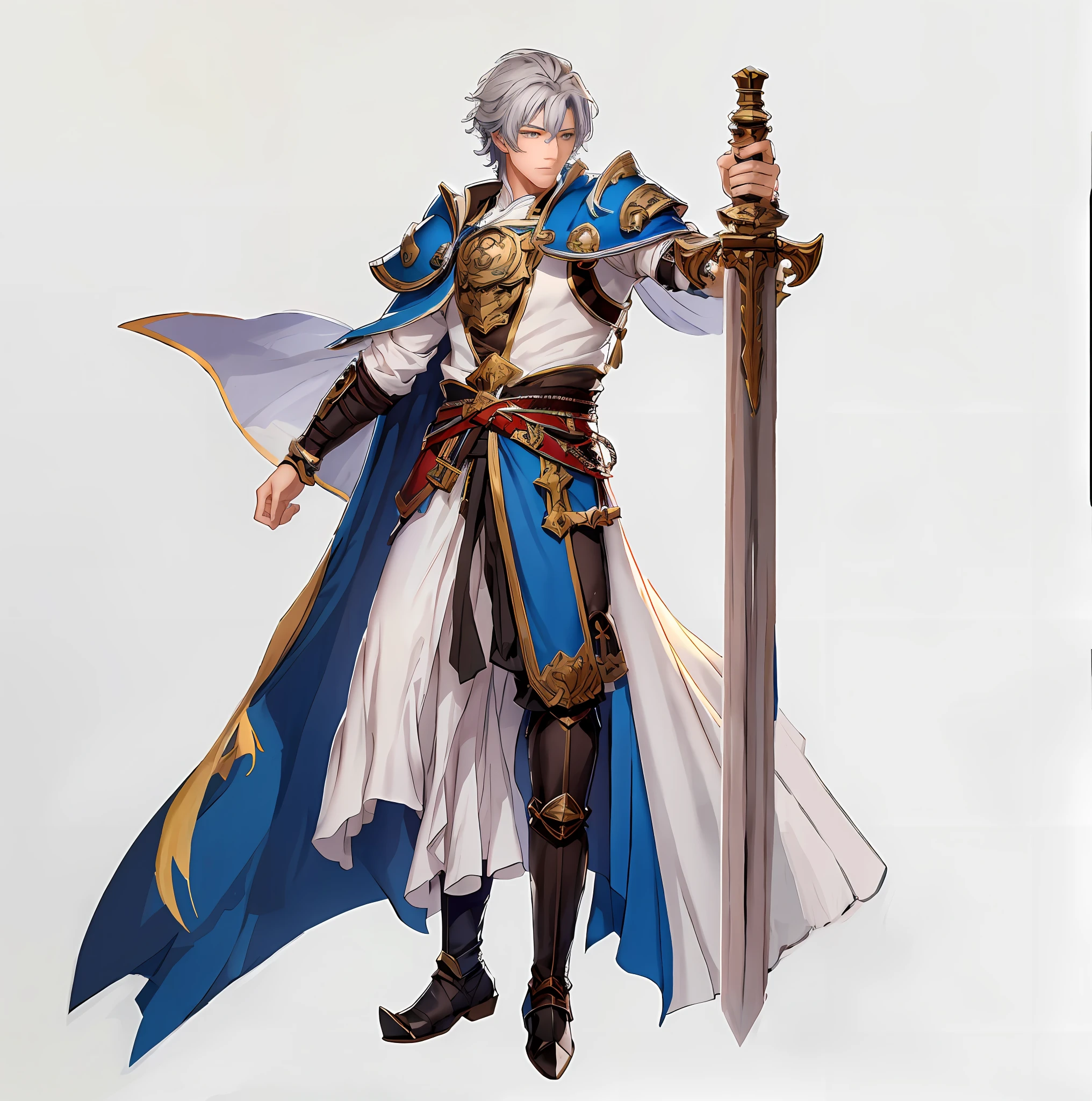 anime character with sword and armor standing in front of white background, picture of a male cleric, zhao yun, a human male paladin, male paladin, casimir art, full portrait of magical knight, shadowverse character concept, by Yang J, official character art, by Zhou Chen, beautiful androgynous prince, keqing from genshin impact