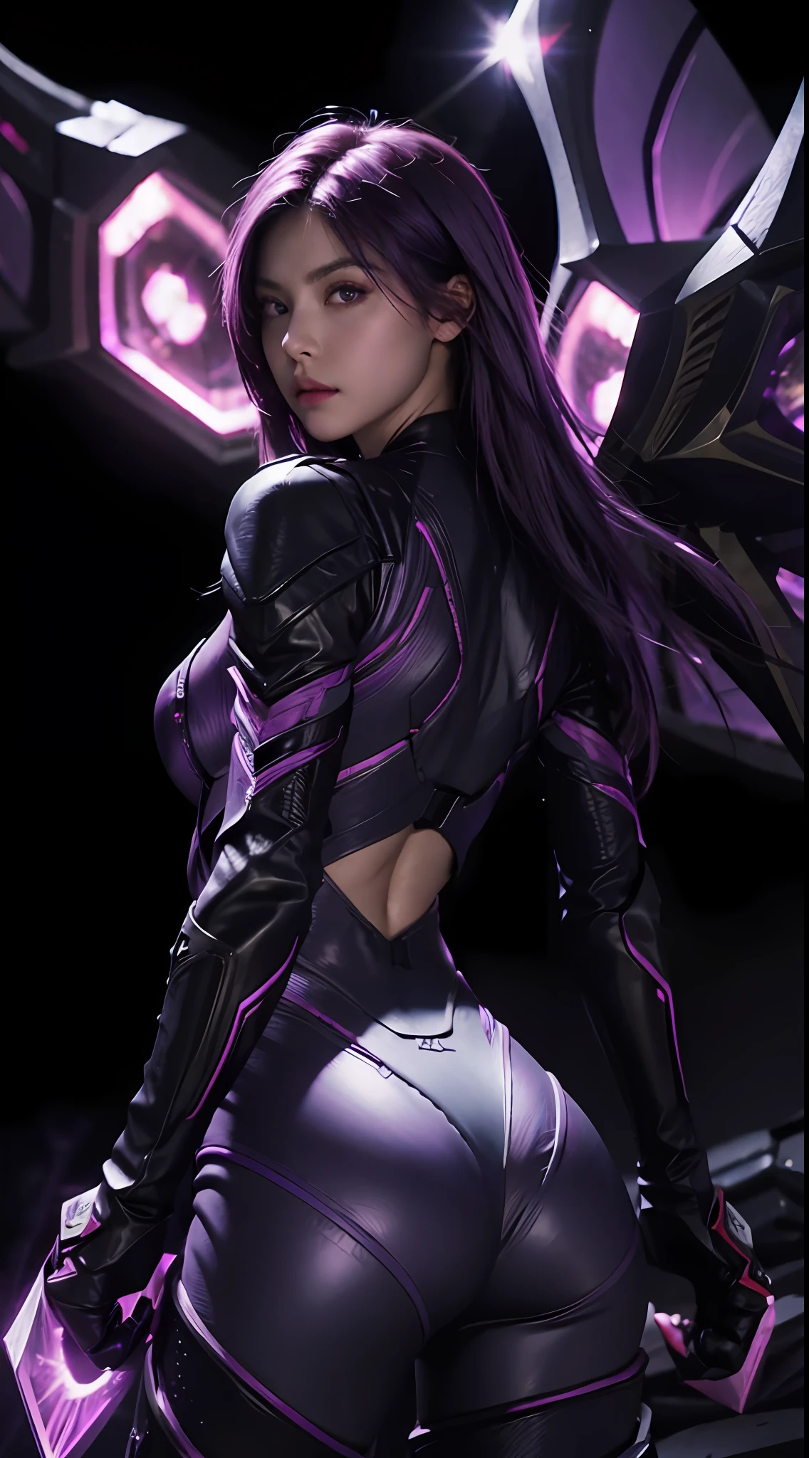 Perfect Face, Beautiful Face, Perfect Hand, 1girl, Kai'sa, League of Legends, Casa, Purple Wings, Deep Purple Hair, Purple Eyes, Serious Expression, Strong Glare, Looking at the Viewer, From Behind, (Dynamic Pose), (Void Wings), Weapons, Masterpiece, Extremely Detailed CG Unity 8k Wallpaper, Best Quality, 32K, Clear Focus, Cyber City, Neon Lights, Aperture, Black Hole in the background, Purple Leather Pants