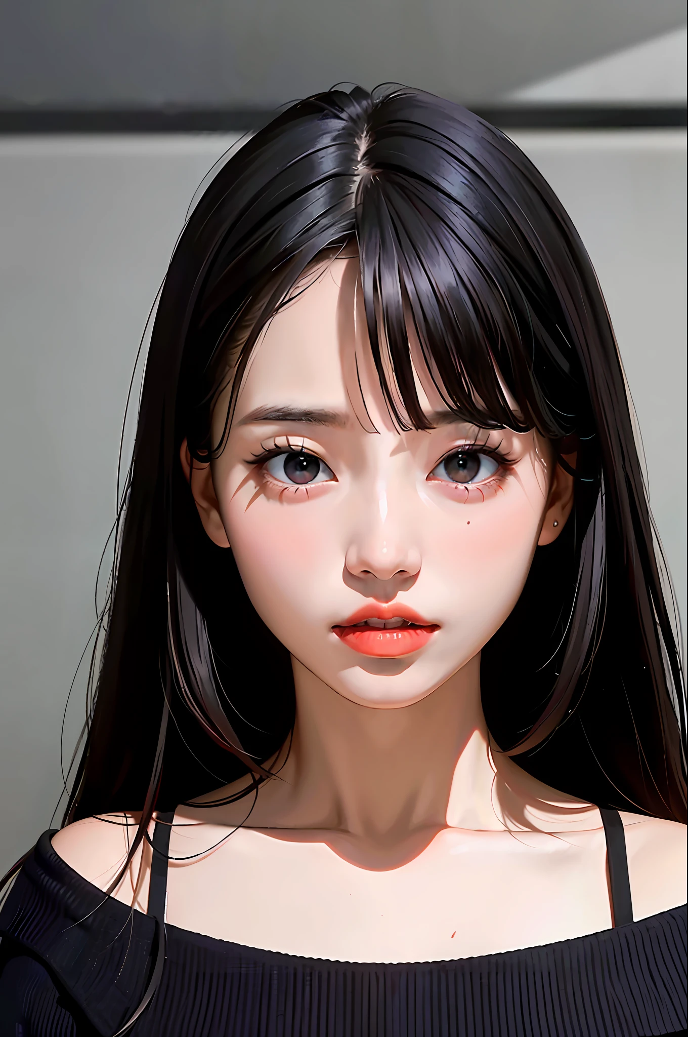 Masterpiece, Best Quality, (Dark Photo: 1.3), Realistic, 1girl, Flat Bangs, Stunning Innocent Symmetrical Face, Shirt, Emotional, Ulzzang, (PureErosFace_V1:0.7), Dress