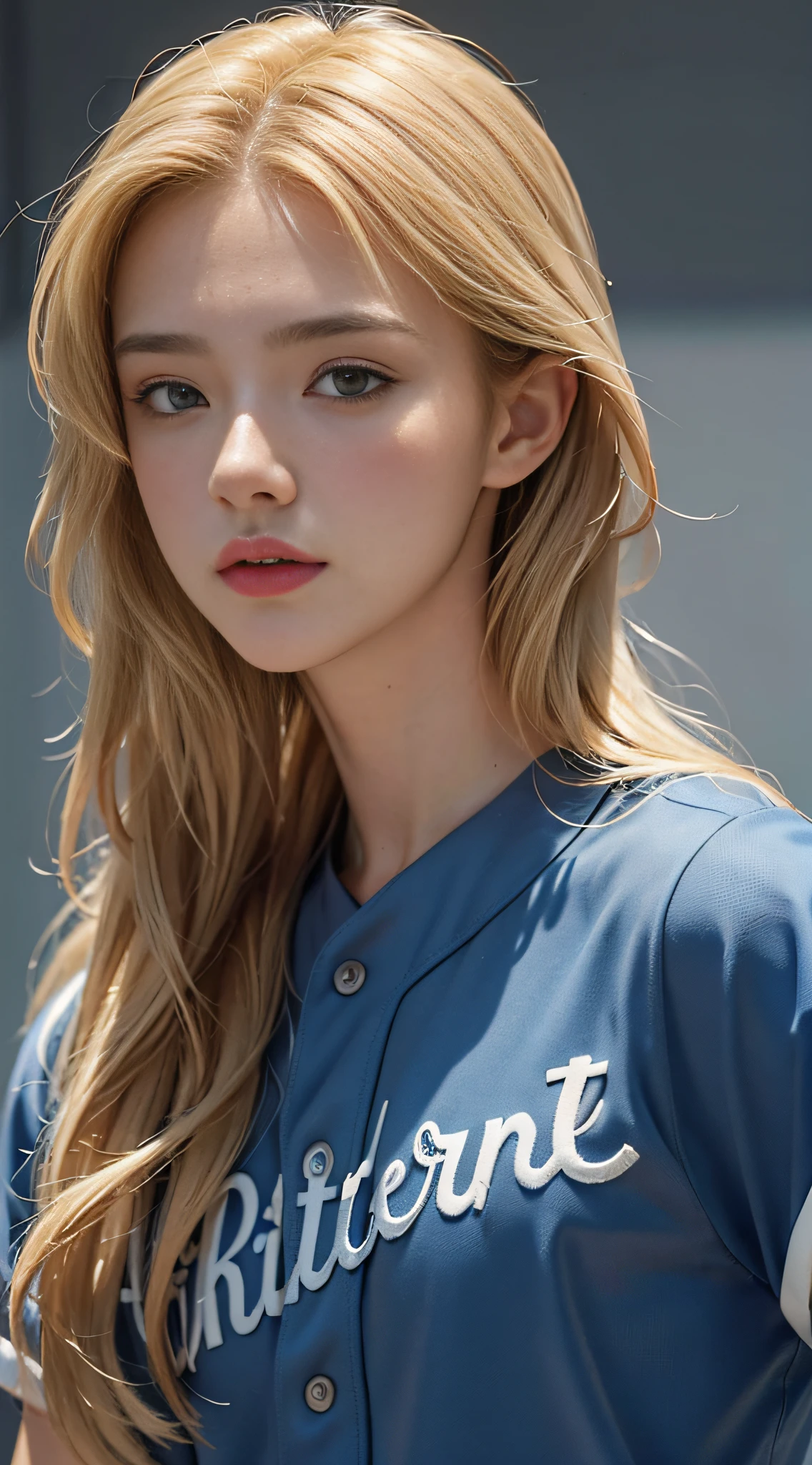 (Masterpiece, 4k resolution, ultra-realistic, very detailed), Arafod male posing for photo with blonde hair and blue shirt, male, mature male who has exercised, Justin Bieber, his hair is messy and unkempt, his hair is messy and wild, buzzing hair, intense gaze, he has short curly brown hair, 18 years old, proud look, messy blonde hair, blue baseball uniform, brown eyes, jewel-like eyes # Note: The prompt mainly describes ultra-high-definition 4K paintings, very realistic and very detailed.
