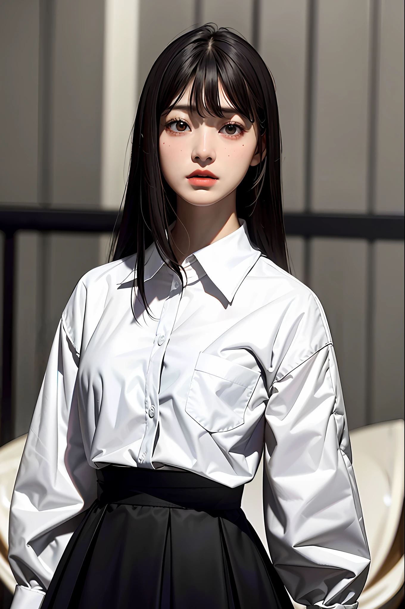 Masterpiece, Best Quality, (Dark Photo: 1.3), Realistic, 1girl, Flat Bangs, Stunning Innocent Symmetrical Face, Shirt, Emotional, Ulzzang, (PureErosFace_V1:0.7), Dress