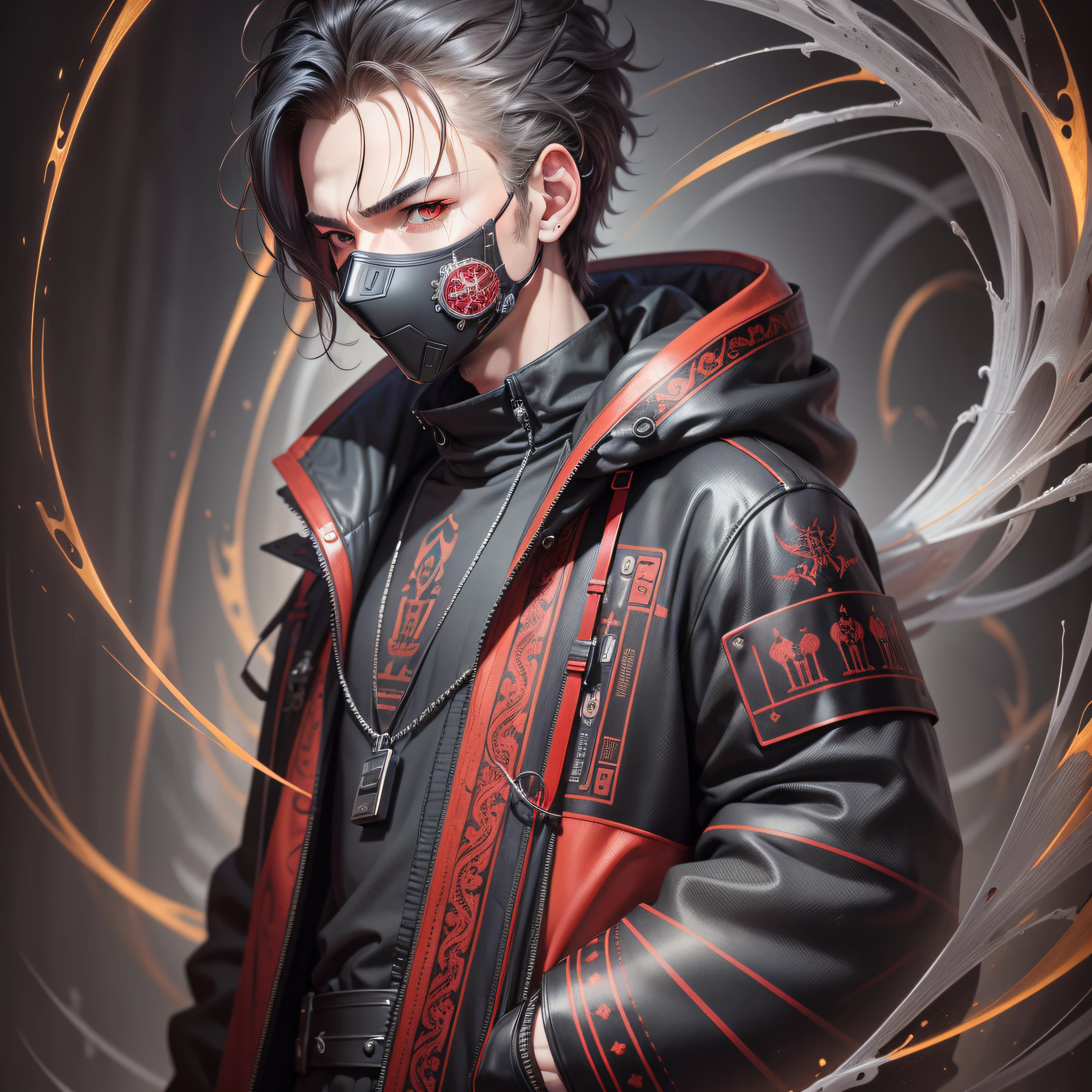 masterpiece, best quality, illustration, science fiction, black red theme, 1boy, looking down at viewer, hands in pockets, thin, detailed messy gray hair, bright red eyes, black techwear coat, black mouth mask, wire, cable, (backlighting) wallpaper, poster, sharp focus, hyperrealism, insanely detailed, lush detail, filigree, intricate,crystalline, perfectionism, max detail, 4k uhd, spirals, tendrils, ornate, HQ, angelic, decorations, embellishments, masterpiece, hard edge, breathtaking, embroidery -