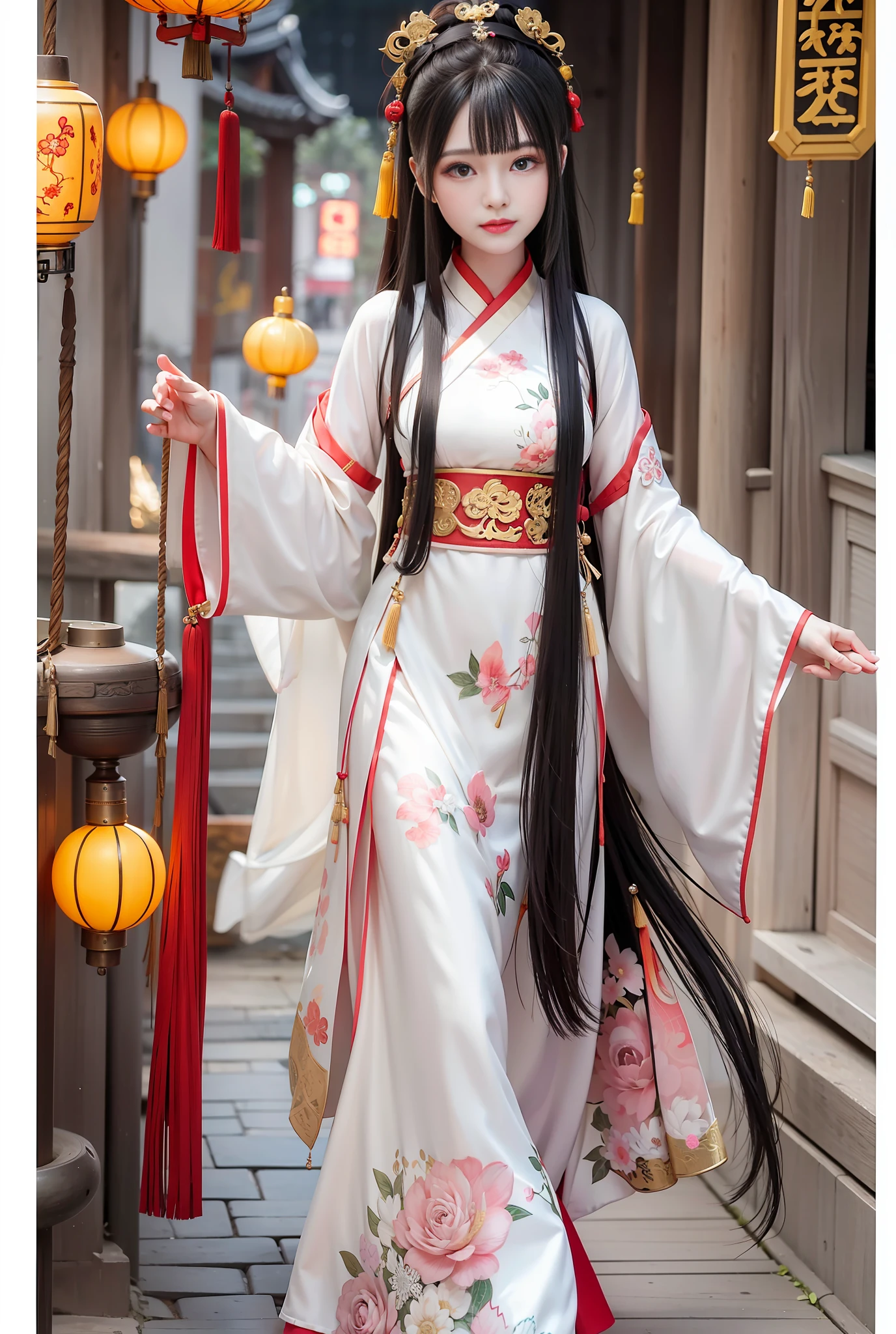 A girl with long black hair Chinese ancient style in ancient Chinese Jiangnan street, HD