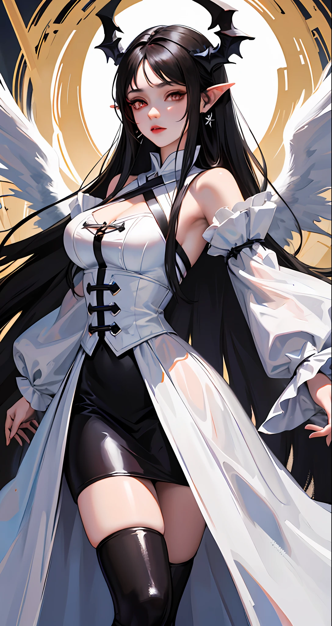 Arad woman wears white and black dress with horns and wings, villain has black angel wings with straight legs, Angela White, cosplay, tight skirt succubus, overlord's albedo, (8K high quality art). Super Wide Angel, Amulan, Full RPG, Anime Girl RPG, Angel Wings on the Back, Anime RPG, Amiráns as a Supervillain.