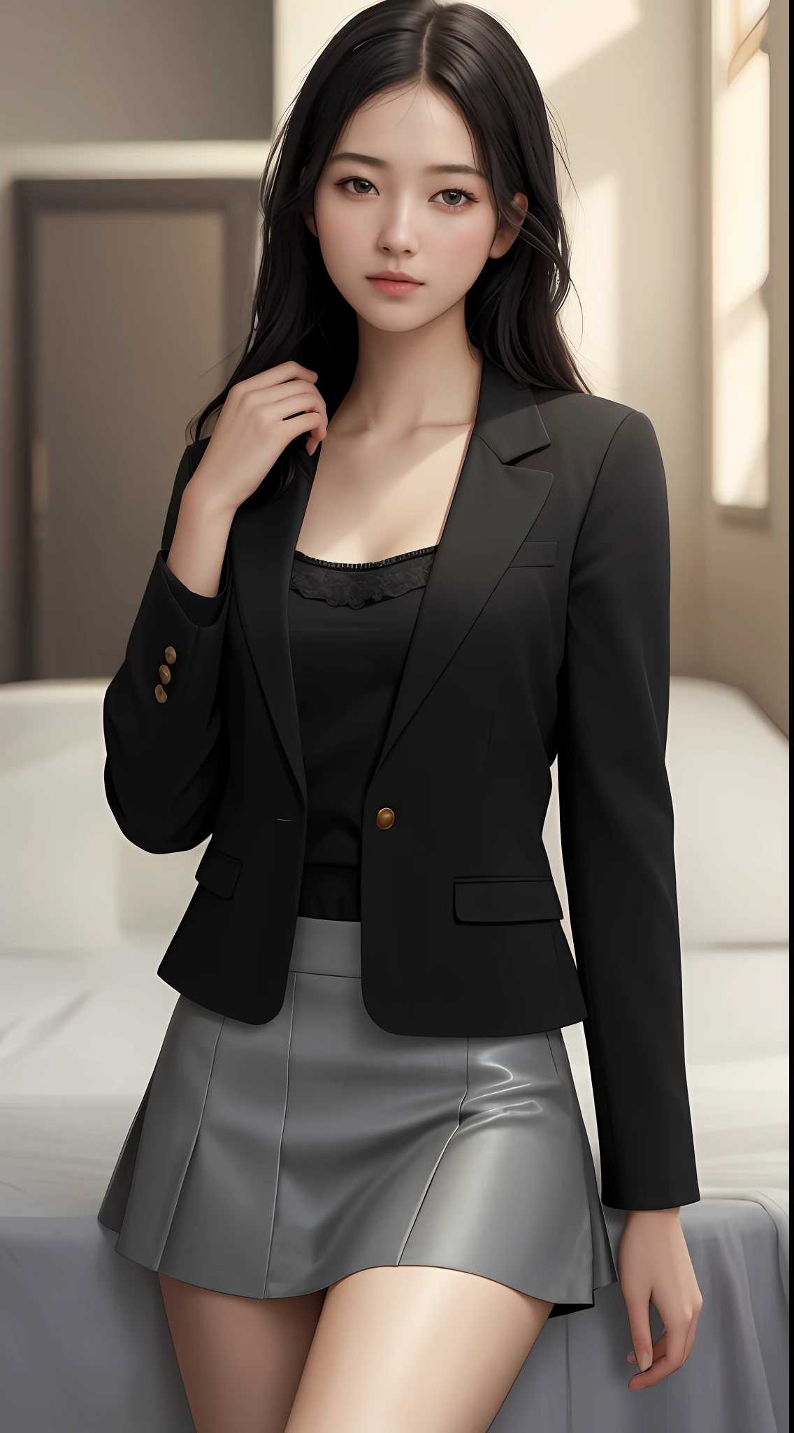 Top Quality, Masterpiece, One Girl, Beautiful Face, (Photorealistic Picture:1.3), Rim Lighting, (High Detail Skin:1.2), 8K UHD, DSLR, High Quality, High Resolution, 4K, 8K, Blur, Absurdity, Best Ratio Four Finger and One Thumb, (Real:1.3), Cute 1 Girl,Black Hair, Black Blazer, Middle Breast, Mini Skirt,Small Face