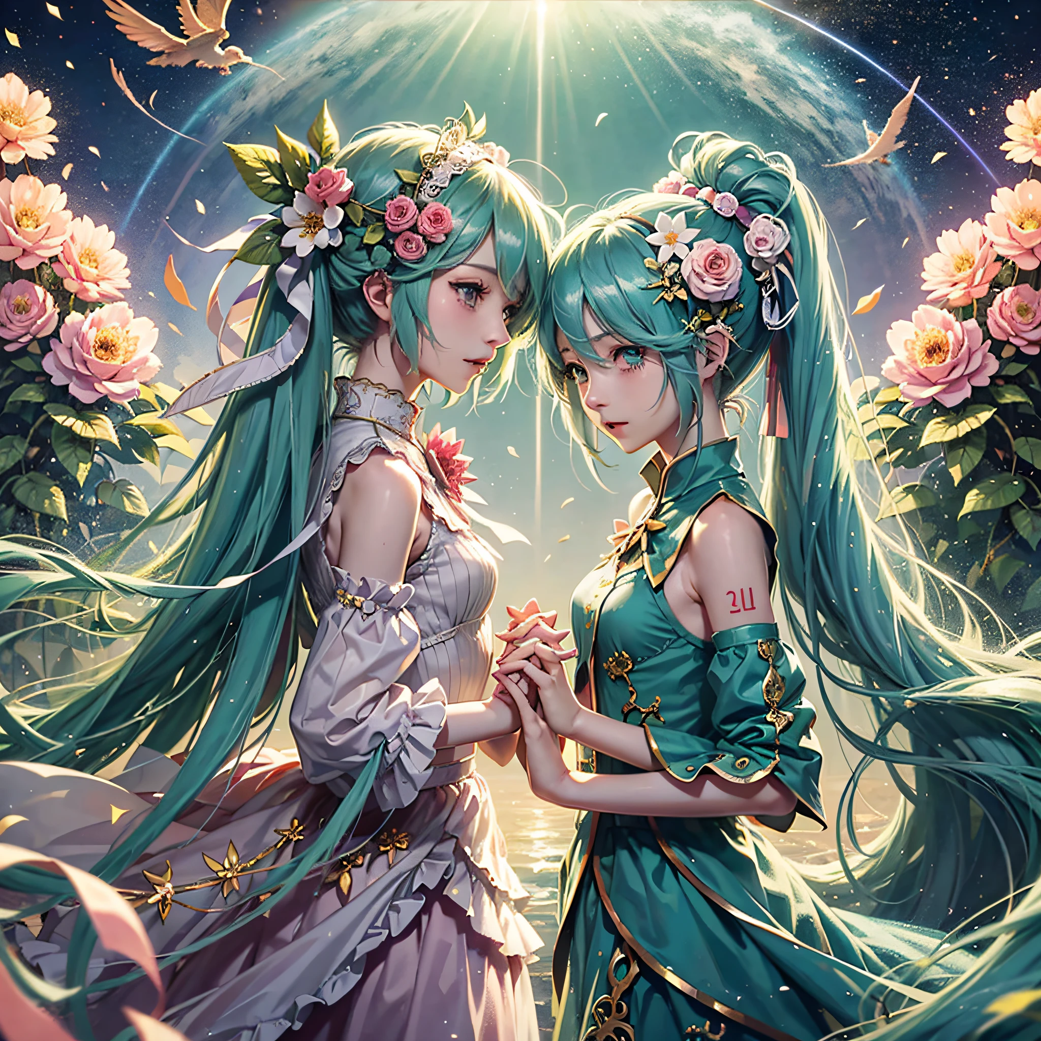 Hatsune Miku and Luo Tianyi, who held hands and sang hand in hand in a sea of brilliant flowers --auto --s2