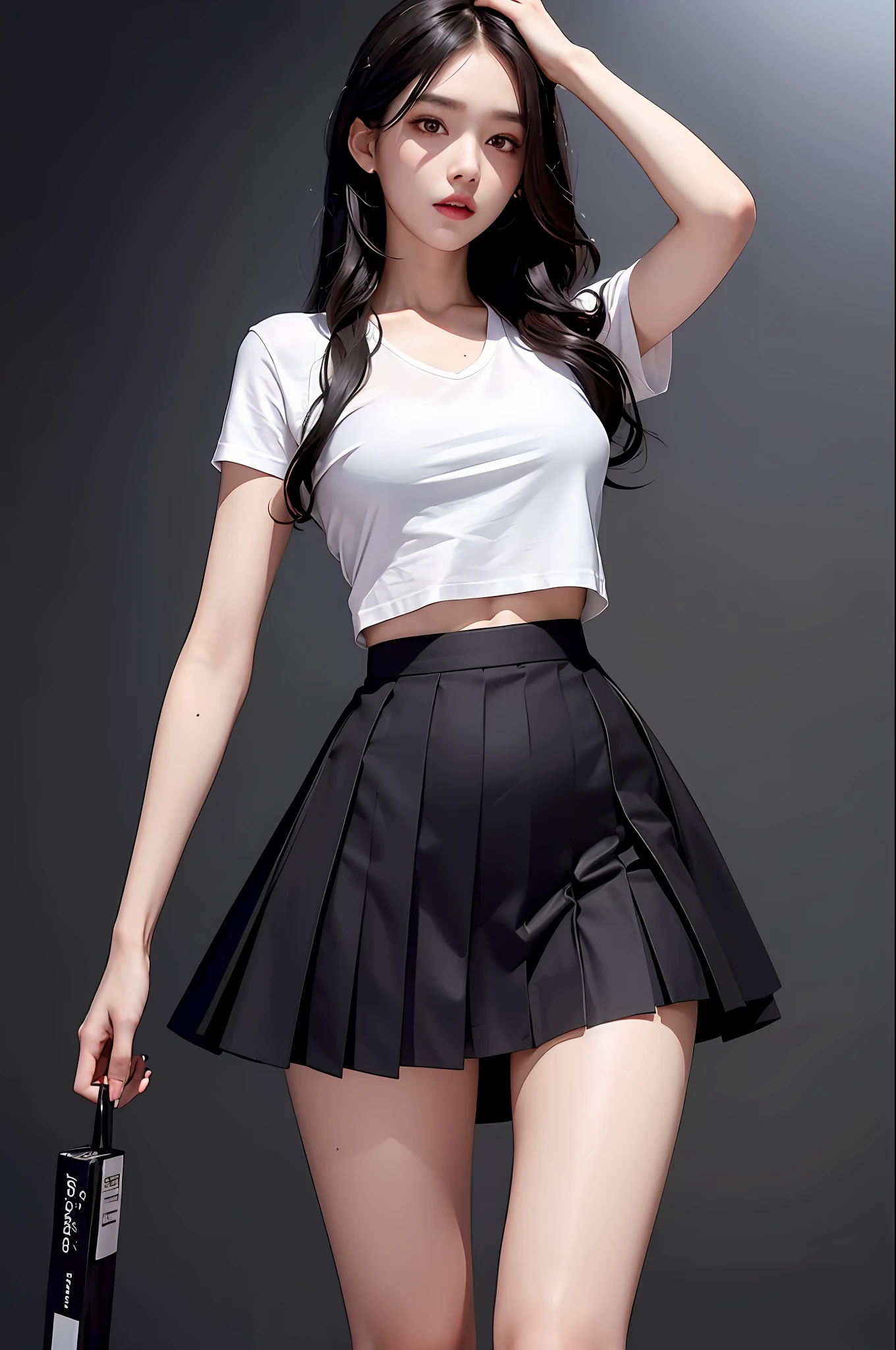 Realistic, high resolution, 1 girl, black wavy hair, Korean, heterochromic eyes, small moles under the eyes, white shirt, black pleated skirt, small breasts, long legs, tight abs, dynamic pose, catwalk