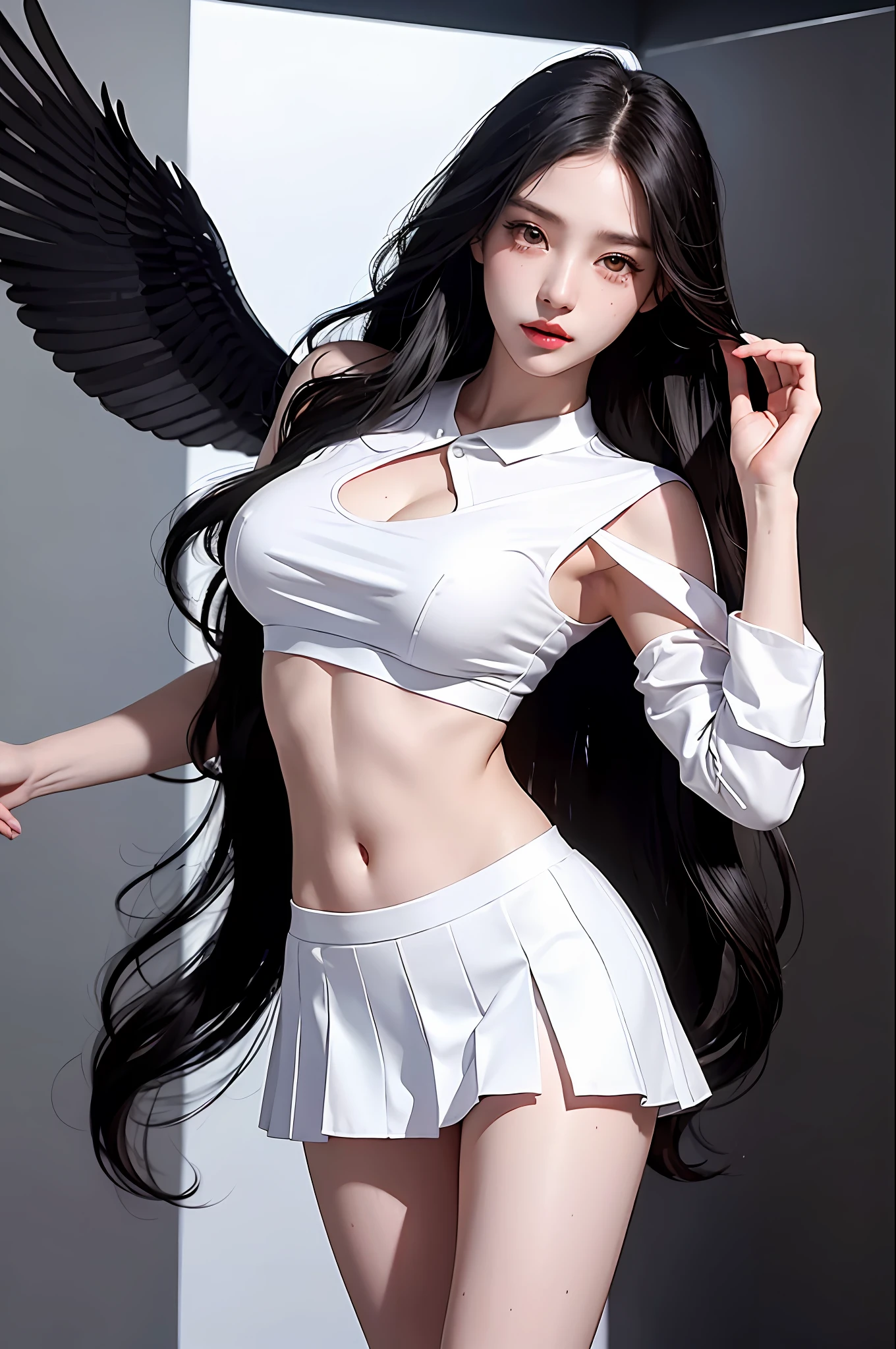 Realistic, high resolution, 1 girl, black wavy hair, Korean, heterochromic eyes, small moles under the eyes, white shirt, black pleated skirt, small breasts, long legs, tight abs, dynamic pose, catwalk