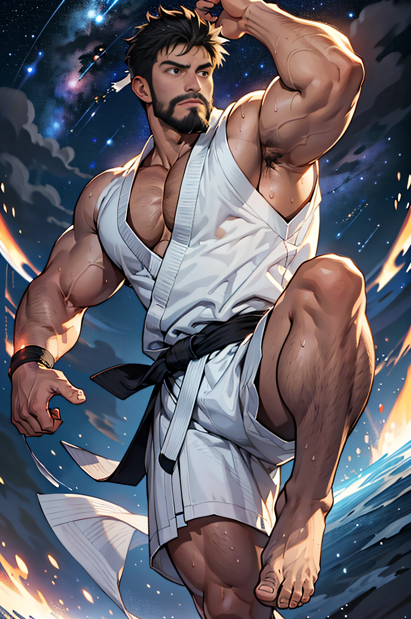 best quality, masterpiece, super high resolution, detailed background, realism, illustrations, single, 1 boy, torii, muscle, volumetric lighting, depth of field, facial hair, ryu, white clothes, black belt, light particles, massive bulge, starry sky, martial artist, sweating, short hair, perfect eyes, bare feet