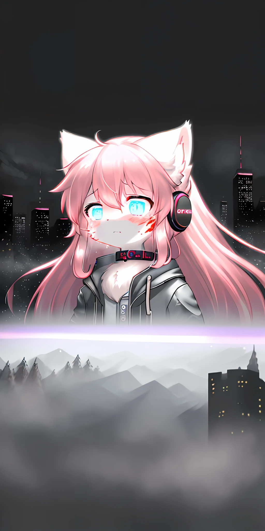 Siberian Forest Cat (I), Fur Body, Full Body, Headphones (Color White), Light Pink (Siberian Forest Cat), Neon, UWU, Light (RGB), , Glow (Light), 2 Ears 1 Tail, Masterpiece, Girl (Young), Jacket (Light Gray), Time and Space, Soft, Collar (Star), Furry Tail, Fluffy Tail, Fluffy Tail, Long Straight Pink Hair, Pale Pink Ears, Starry Sky Eyes, Character (Siberian Forest Cat), 8K, Long Hair, Winter (Foggy), Foggy (Light Gray), Thick Fog, feeling (despair), crying, hurting, weak, bleeding, blood, young girl, bleeding, bleeding, city, cyberpunk, ha, surrounded by humans