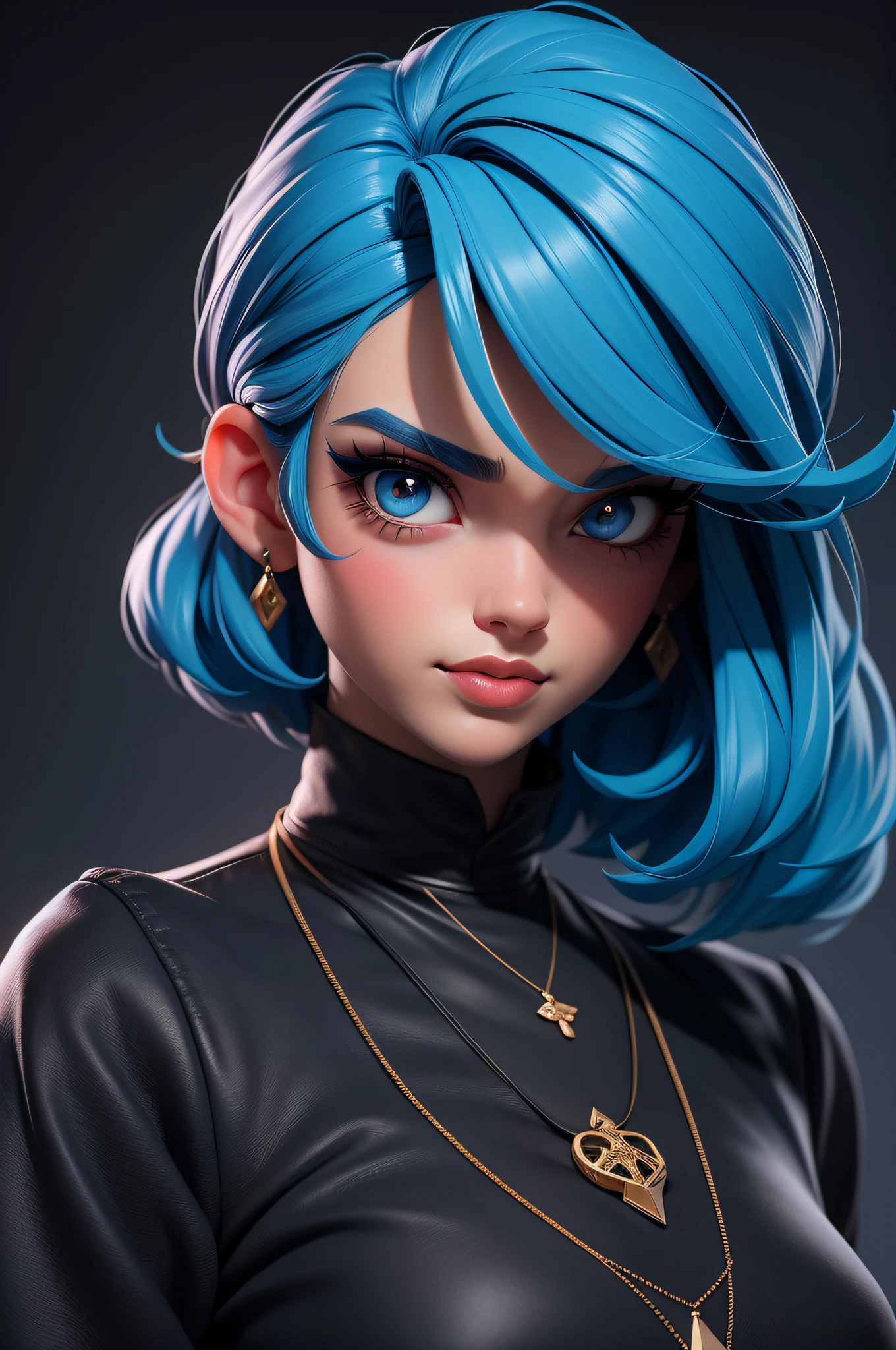 masterpiece, best quality, 3d rip artwork, 3DMM style, close up, portrait, 3D, 1girl, solo, blue hair, brunette hair, necklace, jewelry, bicolor hair, looking to the side, reality, upper body, simple background, bangs, gaze away, short hair, parted lips, dark eyes, lips, gothic, necklace, makeup, mole, black shirt, shirt, watermark