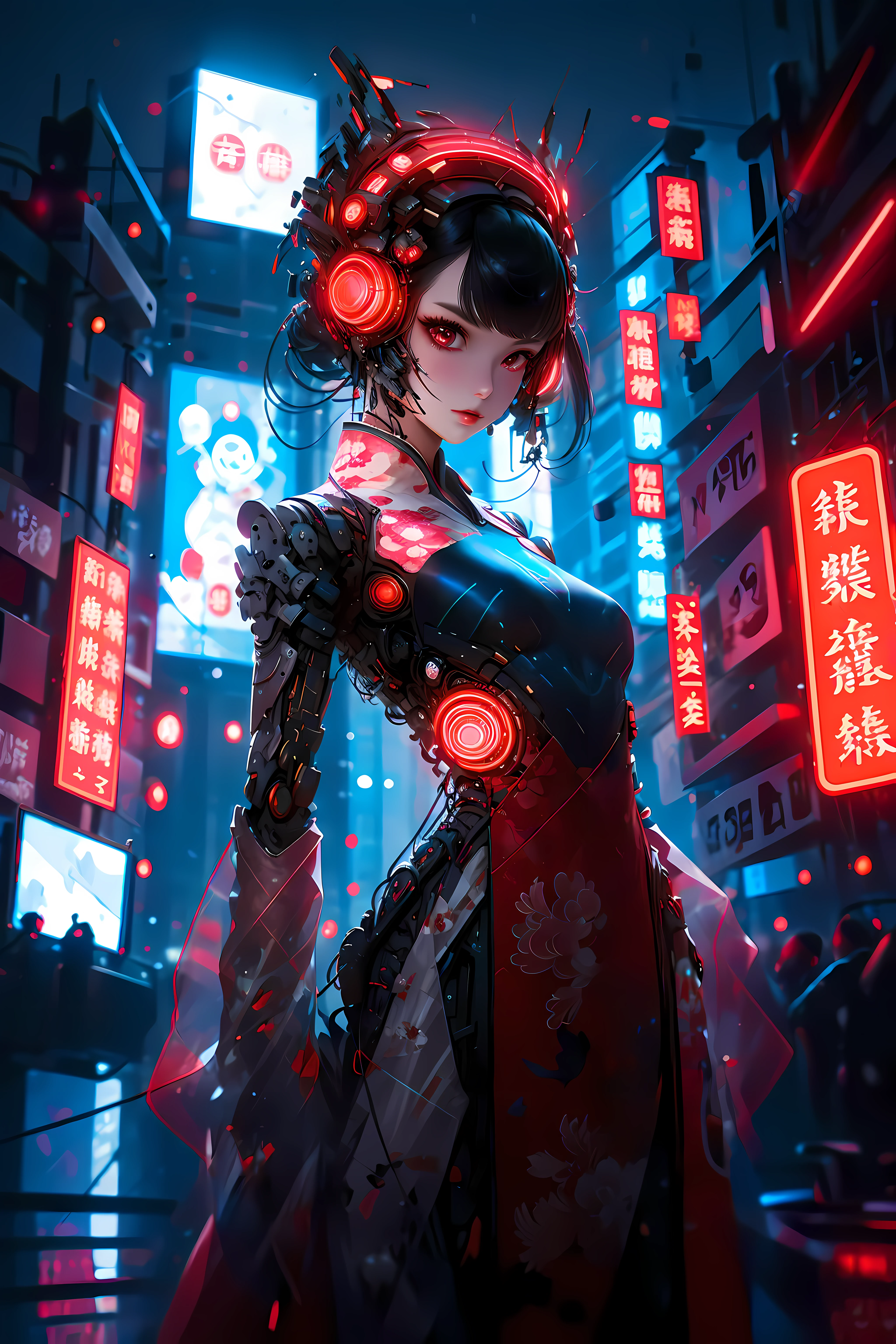 1 girl, solo, cyberhanfu, long sleeves, chinese_clothes, in red and black, cyberpunk city, dynamic pose, Headdress, hair ornament, long hair, cyberpunk, a high-tech city, full of machinery and futuristic element, futurism, technology