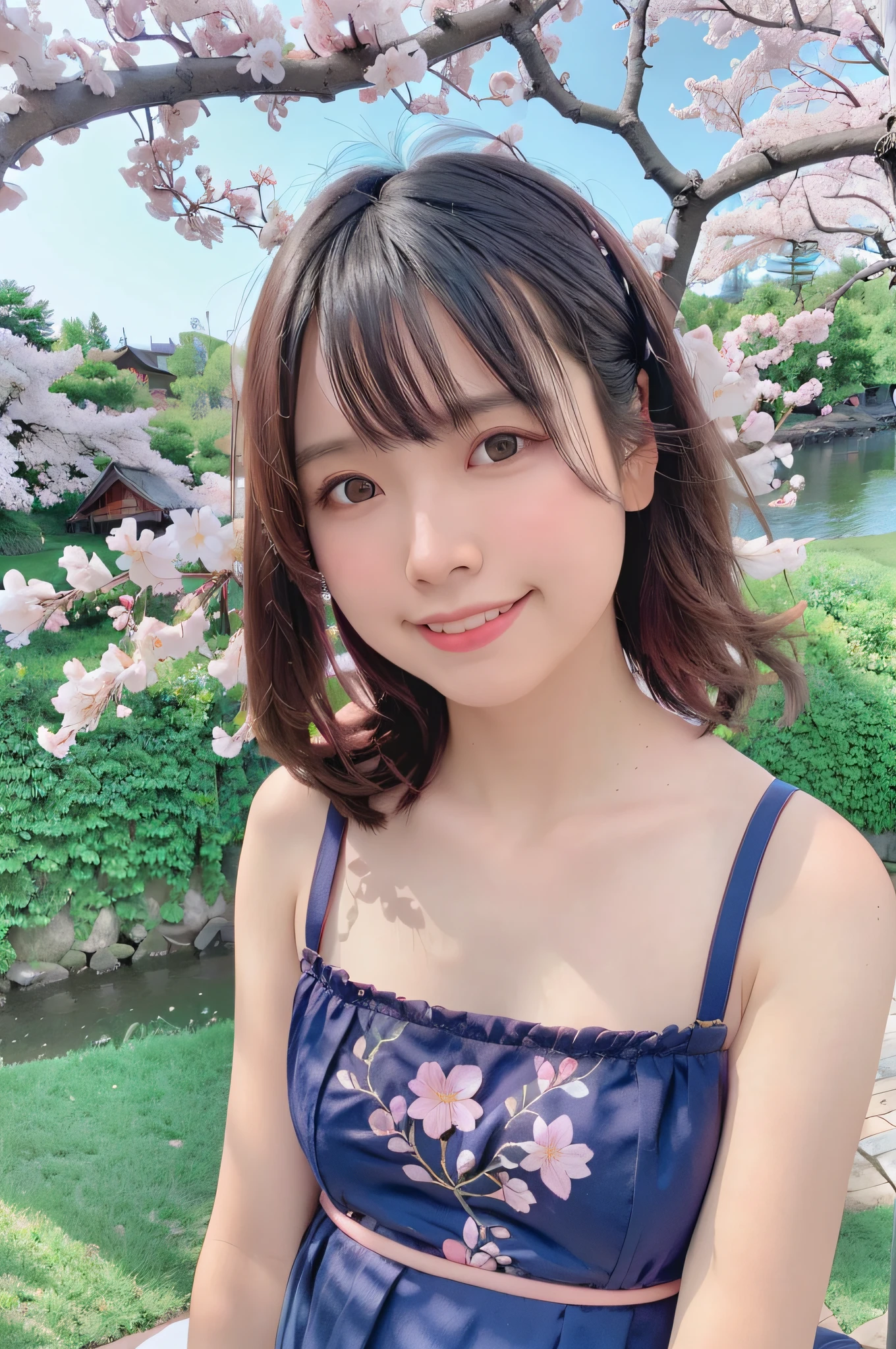 best quality, ultra high res, (photorealistic:1.4),blush,cute,(detailed face),light smile, 
looking at viewer,
upper body, japanese clothes, 
sunny,river,(cherry blossoms),blue sky,