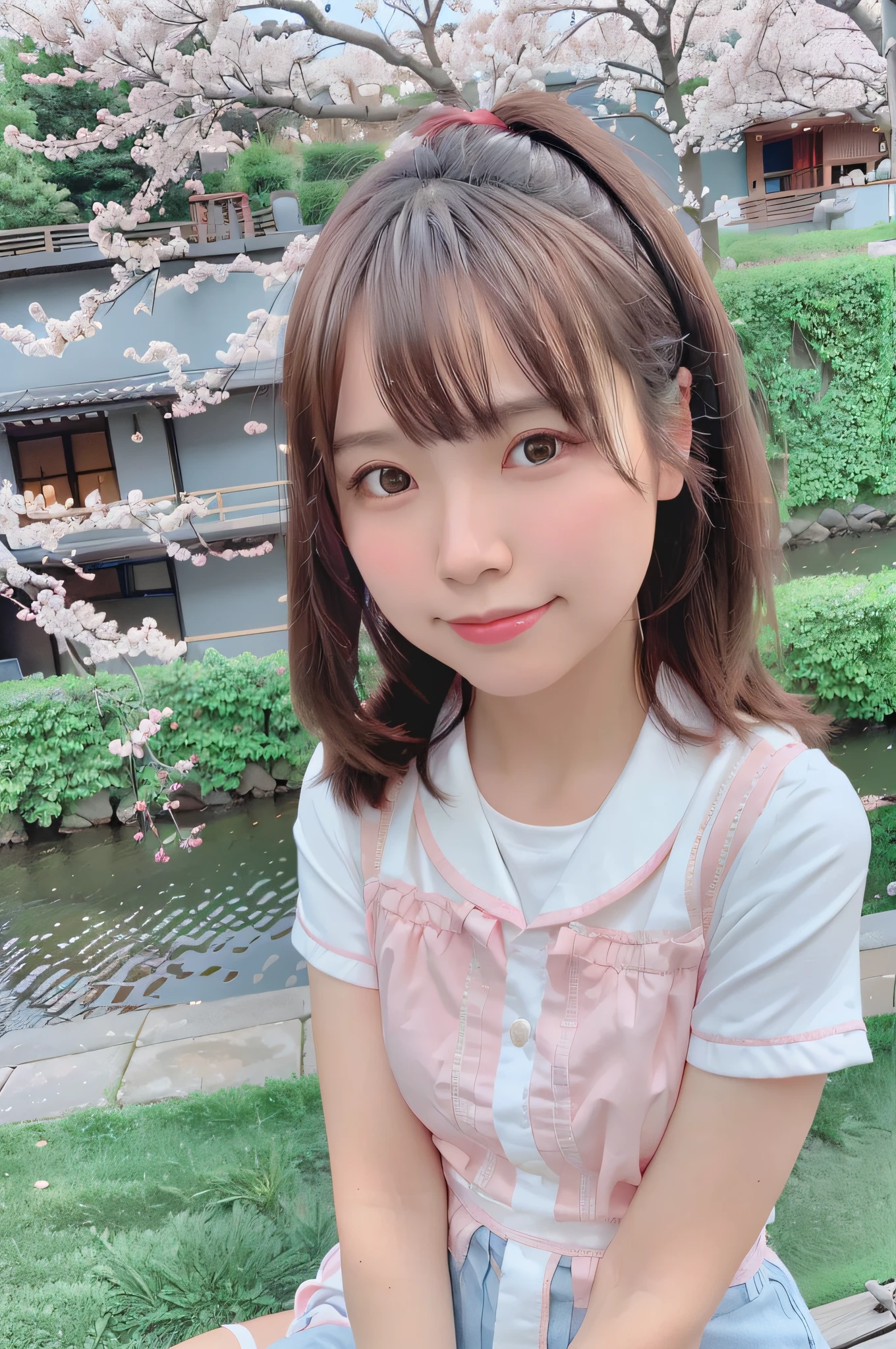 best quality, ultra high res, (photorealistic:1.4),blush,cute,(detailed face),light smile, 
looking at viewer,
upper body, japanese clothes, 
sunny,river,(cherry blossoms),blue sky,