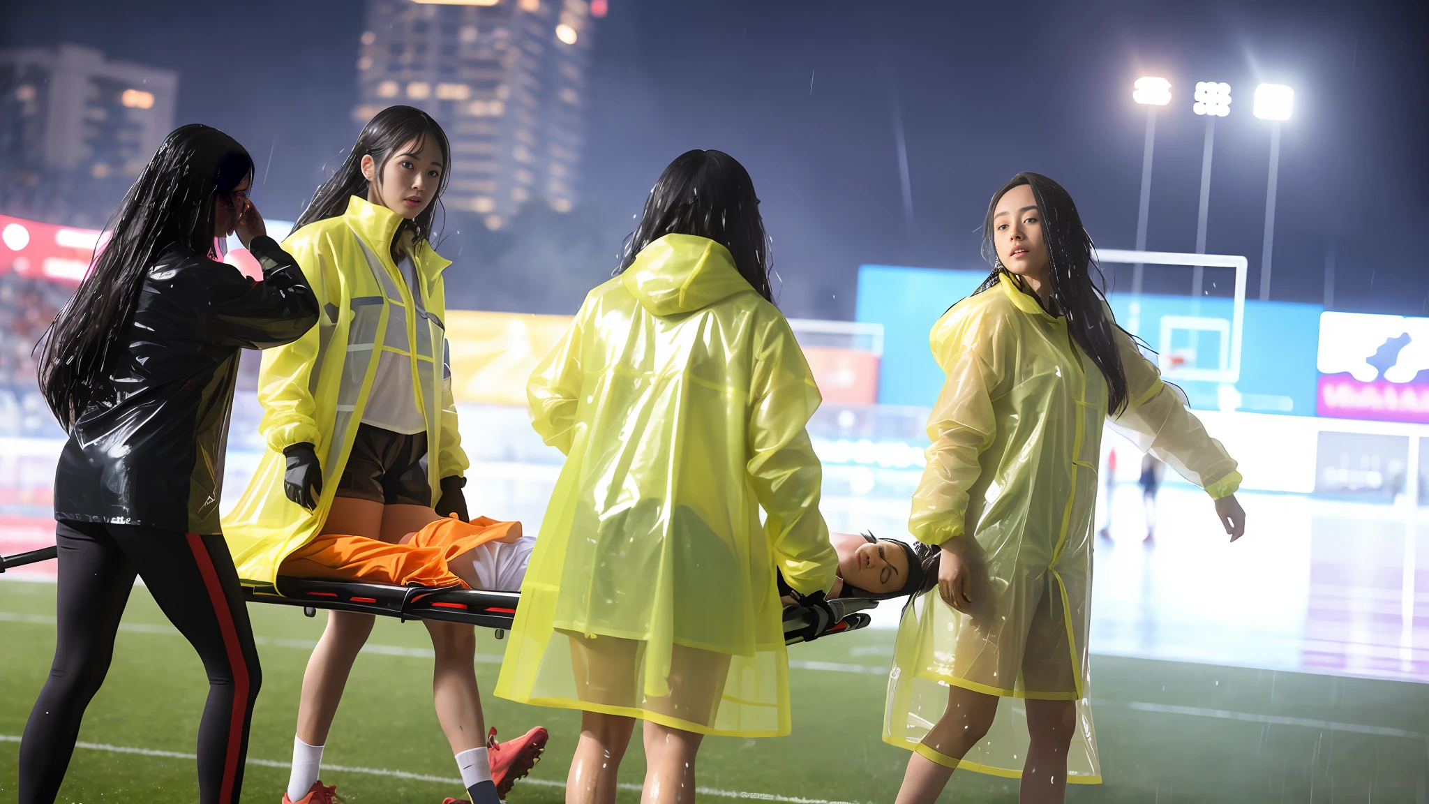 There is a man lying on a stretcher with his hands crossed over his face, a man in a t-shirt and sports shorts has crossed his hands over his face, the man has an agonised face under his hands, two longhairedponytailed women that are wearing very shiny coats, there are longhaired women wearing laquered puffy coats, longhaired women are walking in wetlook puffy coats, several women walking around a football field with an injured athlete on a stretcher, the injured athlete on the stretcher covers his face with both hands, the women look very worried, behindthe women there is a frightening atmosphere, there is heavy rainfall in the background, video still, behind the scenes, Malika Favre, screenshot, footage, 4 0 9 6, cover photo, aesthetic shot, dramatic mood, intense scene, Making of, Mongezi Ncaphayi, Thriller atmosphere, Filming, Edited, (8k, best quality, masterpiece:1.2), (realistic, photo-realistic:1.37), ultra-detailed,best quality, ultra high res, professional lighting, photon mapping, radiosity, physically-based rendering, cinematic lighting, clear sky,
soccer stadium, ,depth of field, sharp focus,sunbeam, good composition,(bokeh:1.2)
1girl,solo,(full body), (closed mouth),beautiful detailed eyes, pose, narrow waist, girls in rainwear, rainwear-girls, girls carrying a stretcher on a sports field, ,
black hair,messy hair,long hair floating in wind,(ulzzang-6500:1.2), pantyshot, (raining, see-through, wet shirt, wet hair, wet clothes:1.2),