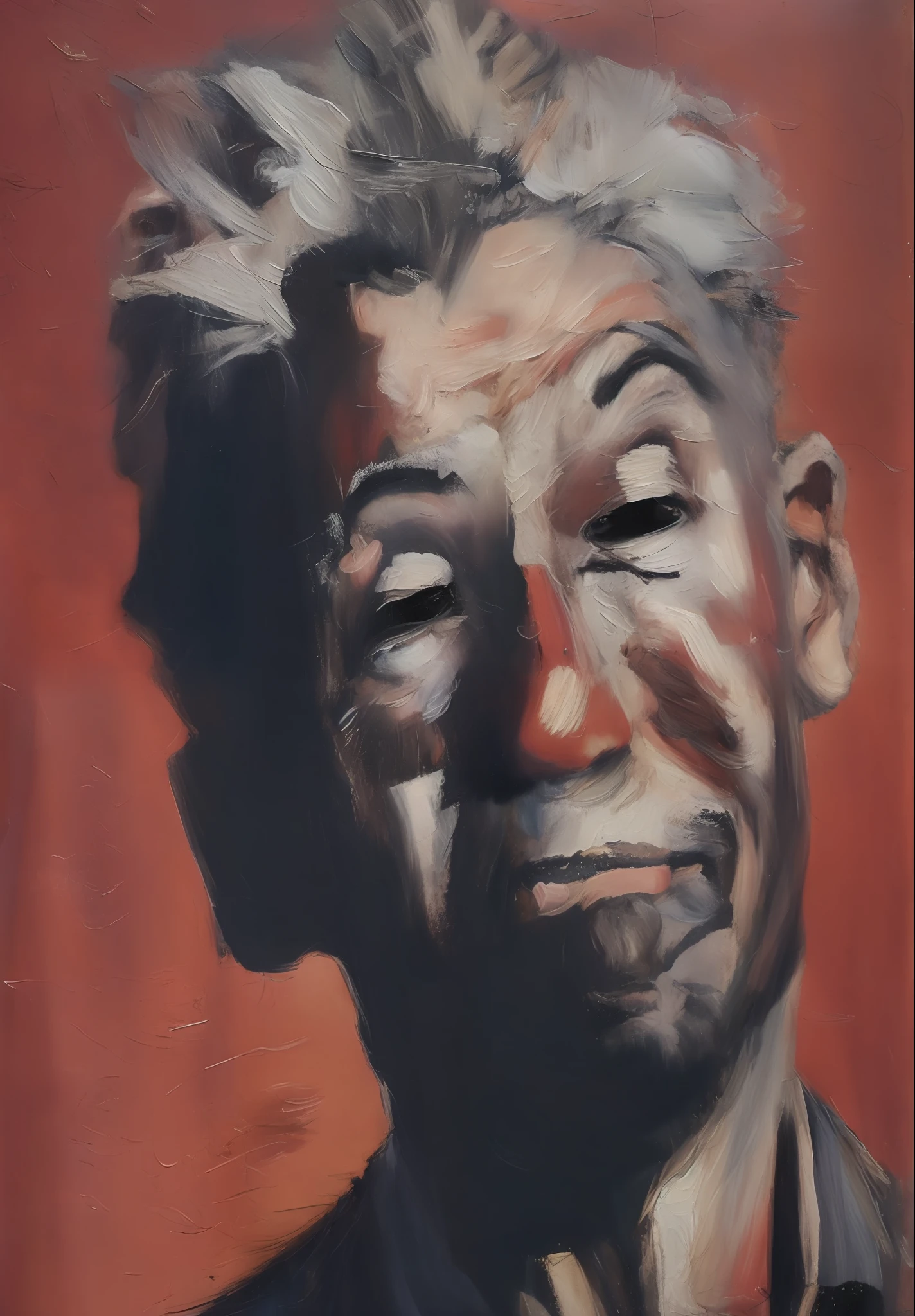 MSE paintings, highly detailed brushwork, a clown of about 70 years old facing us. Draw the whole body. The face is pure white. The hair is bald. She is wearing a red one-piece outfit. The background is a solid red wall. The clown is expressionless and looks exhausted. He doesn't draw eyeballs, and his gaze doesn't tell where he's looking, but his face is facing the viewer. Dark, eerie, and frightening paintings.