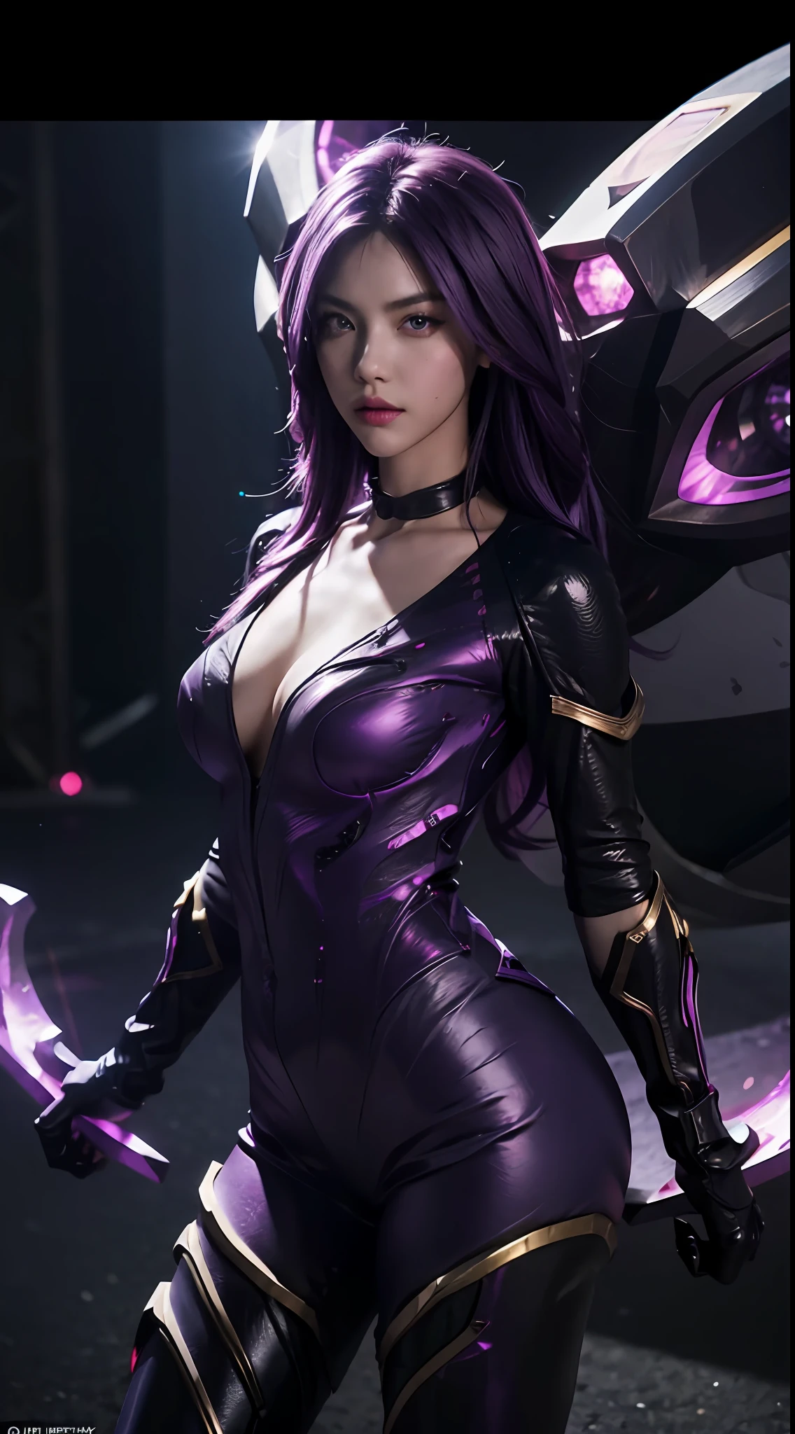 Perfect Face, Beautiful Face, Perfect Hand, 1girl, Kai'sa, League of Legends, Casa, Purple Wings, Deep Purple Hair, Purple Eyes, Serious Expression, Strong Glare, Looking at the Audience, Pinch (Dynamic Pose), (Void Wings), Weapons, Masterpiece, Extremely Detailed CG Unity 8k Wallpaper, Best Quality, 32k, Clear Focus, Cyber City, Neon, Aperture, Black Hole in the background, Purple Leather Pants