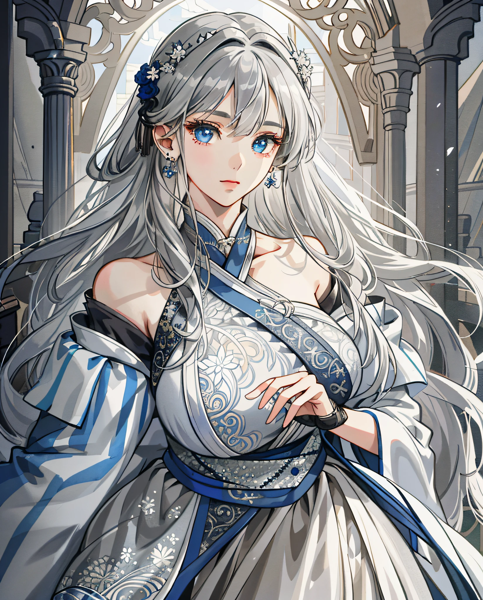 (absurd, high resolution, super detailed), 1girl, shy, shy, gentle sweet girl, intricate details, enlarged textures, intricate details, fine eyes and detailed face, intricate details, gray hair, flowing hair, wife attributes, huge boobs, perfect boobs, (shut up), (perfect eyes, equal eyes), intricate damask hanfu, transparent clothes, off-the-shoulder, super realistic, realistic photos, very detailed 3d, cold as ice