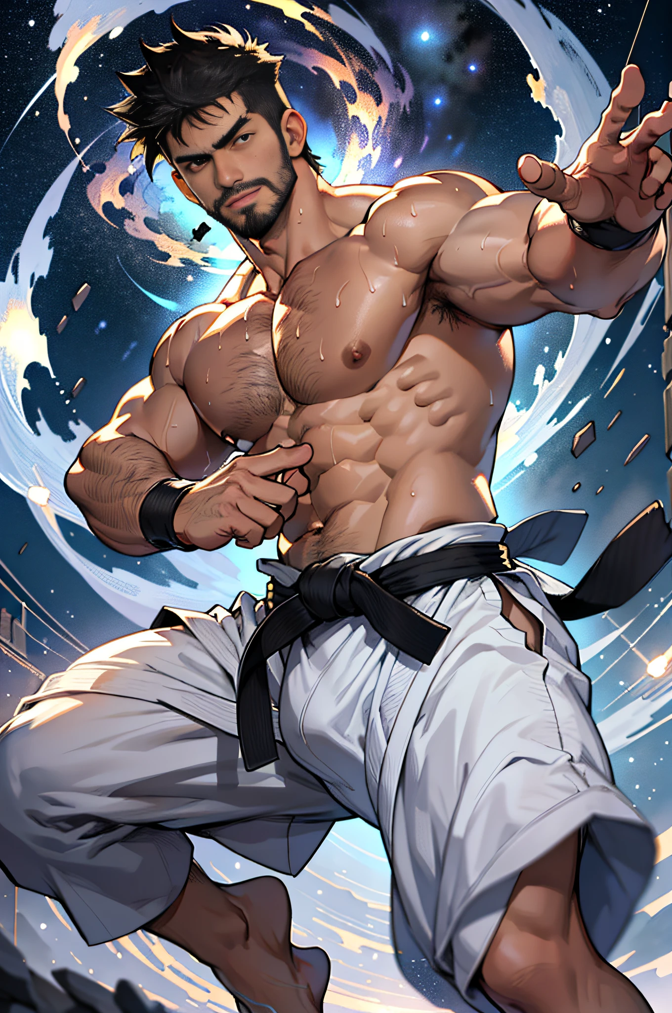 best quality, masterpiece, super high resolution, detailed background, realism, illustrations, single, 1 boy, torii, muscle, volumetric lighting, depth of field, facial hair, ryu, white clothes, black belt, light particles, massive bulge, starry sky, martial artist, sweating, short hair, perfect eyes, bare feet
