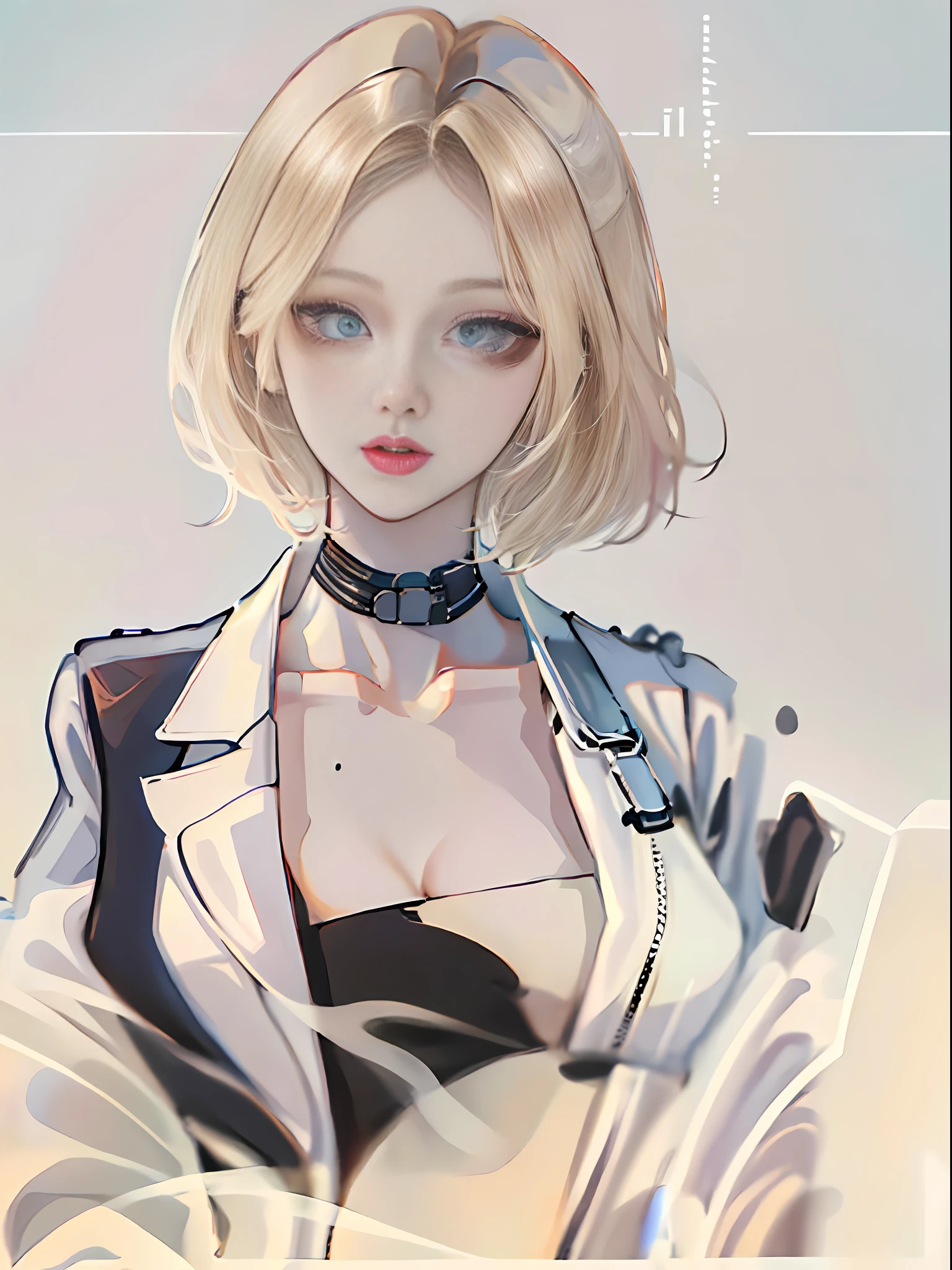 Short blonde hair, black jacket, white shirt, blue eyes, girl, solid color background, standing, looking at camera, eye highlights, attention to detail, HD.