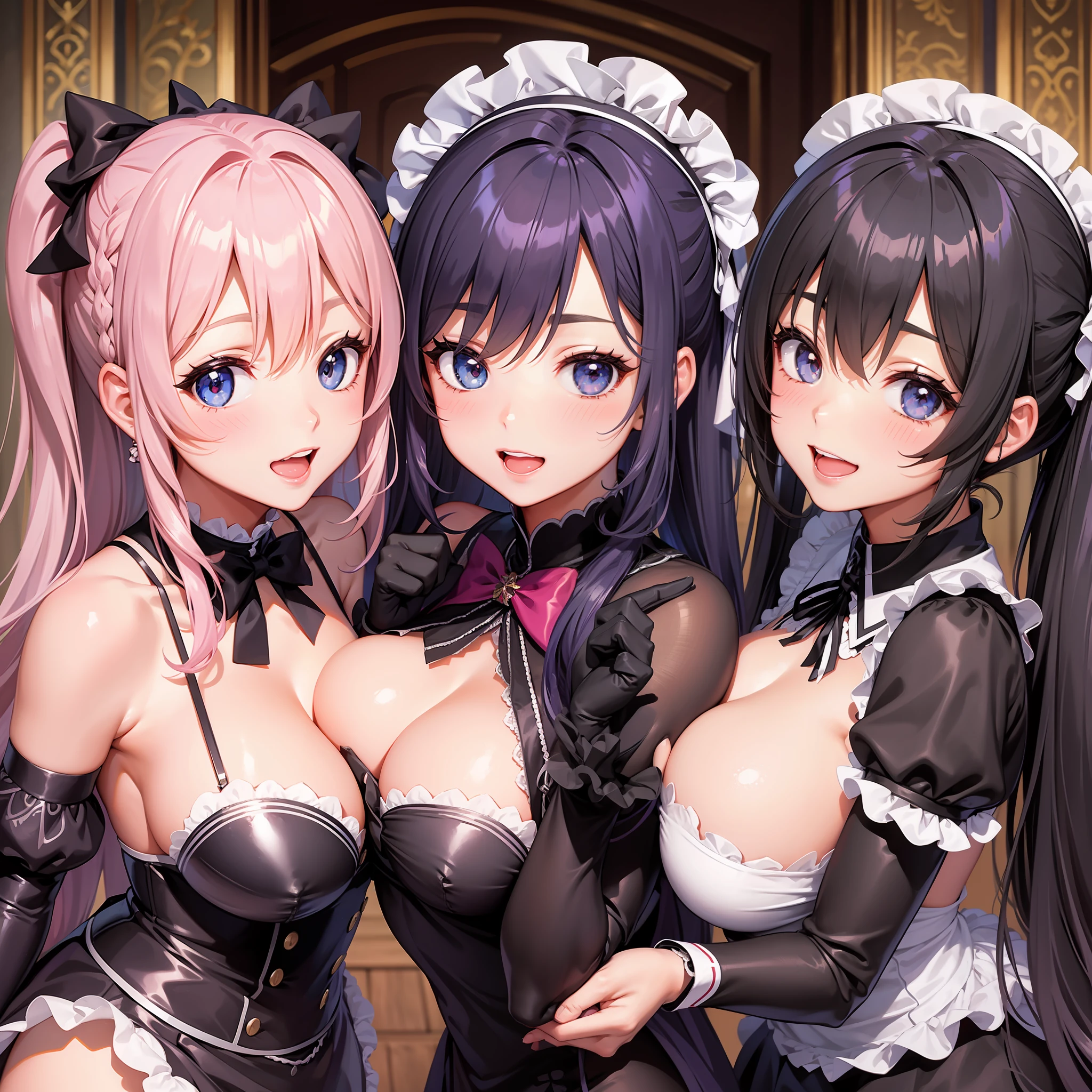Harem Multiple Girls Smiling Best Quality Masterpiece Long Hair Ponytail Twin Tails Maid School Big Tits