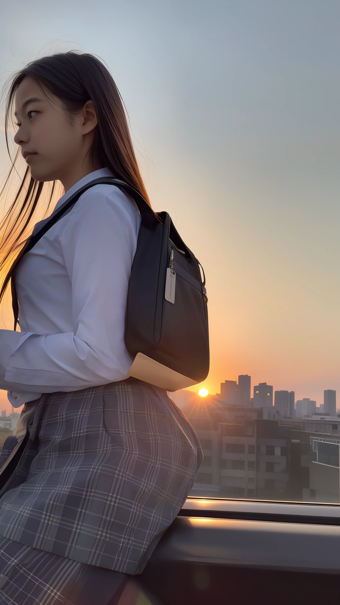 (quality:high,pictured),cityscape at dusk, outside train window, bag on lap, cute female student, school uniform, blowing in the evening breeze, NegativeButton:No exposure, screen is cheerful, sunset.