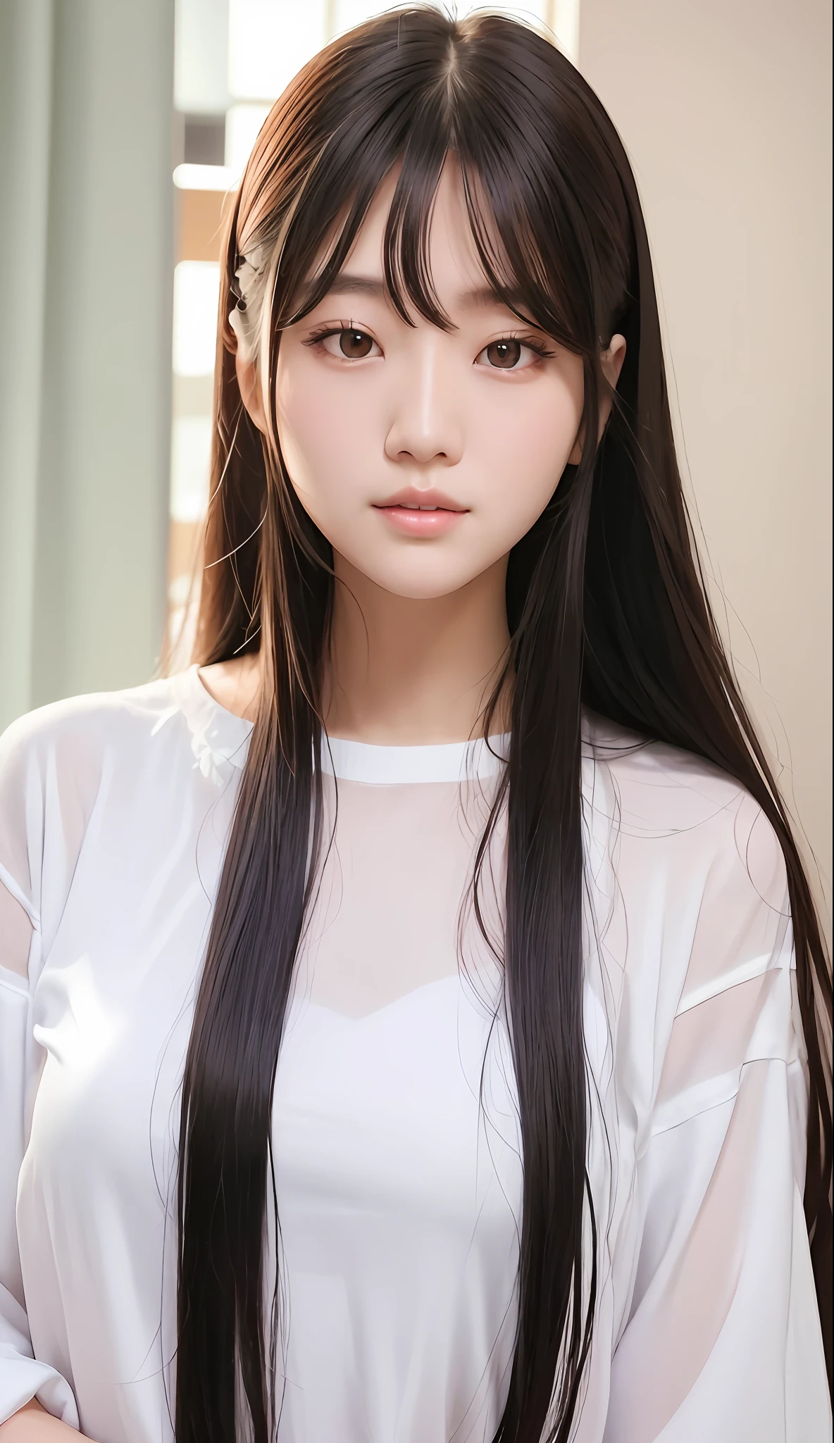 a close up of a woman with long hair wearing a white shirt, beautiful south korean woman, gorgeous young korean woman, beautiful young korean woman, korean girl, asian girl with long hair, korean woman, jaeyeon nam, beautiful asian girl, young adorable korean face, ulzzang, girl cute-fine-face, portrait of female korean idol, very beautiful girl