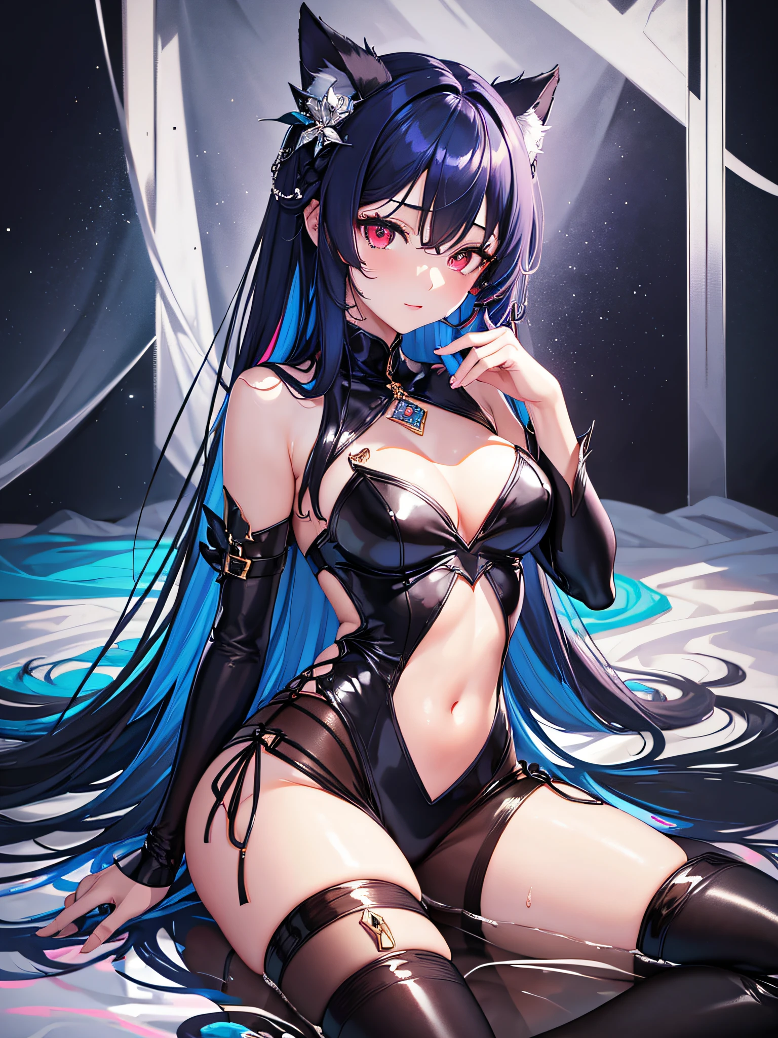 (Best quality: 1.3), (Masterpiece: 1.3), (Ultra Detail: 1.3), (wallpaper, 1 girl, lying, JingliuV4: 1.1), ,([diamond:1.3|eyes]:1.2), ([opal:1.9|gradient_hair:1.1]:1.2), (hair dripping:1.1), (detailed hands and fingers:1.2),(detailed super oily shiny skin:1.1),([wet:0.8|mucus]),oily shiny thighhigh,colorful, looking at viewer, red eyes,,uniform,white background, full body