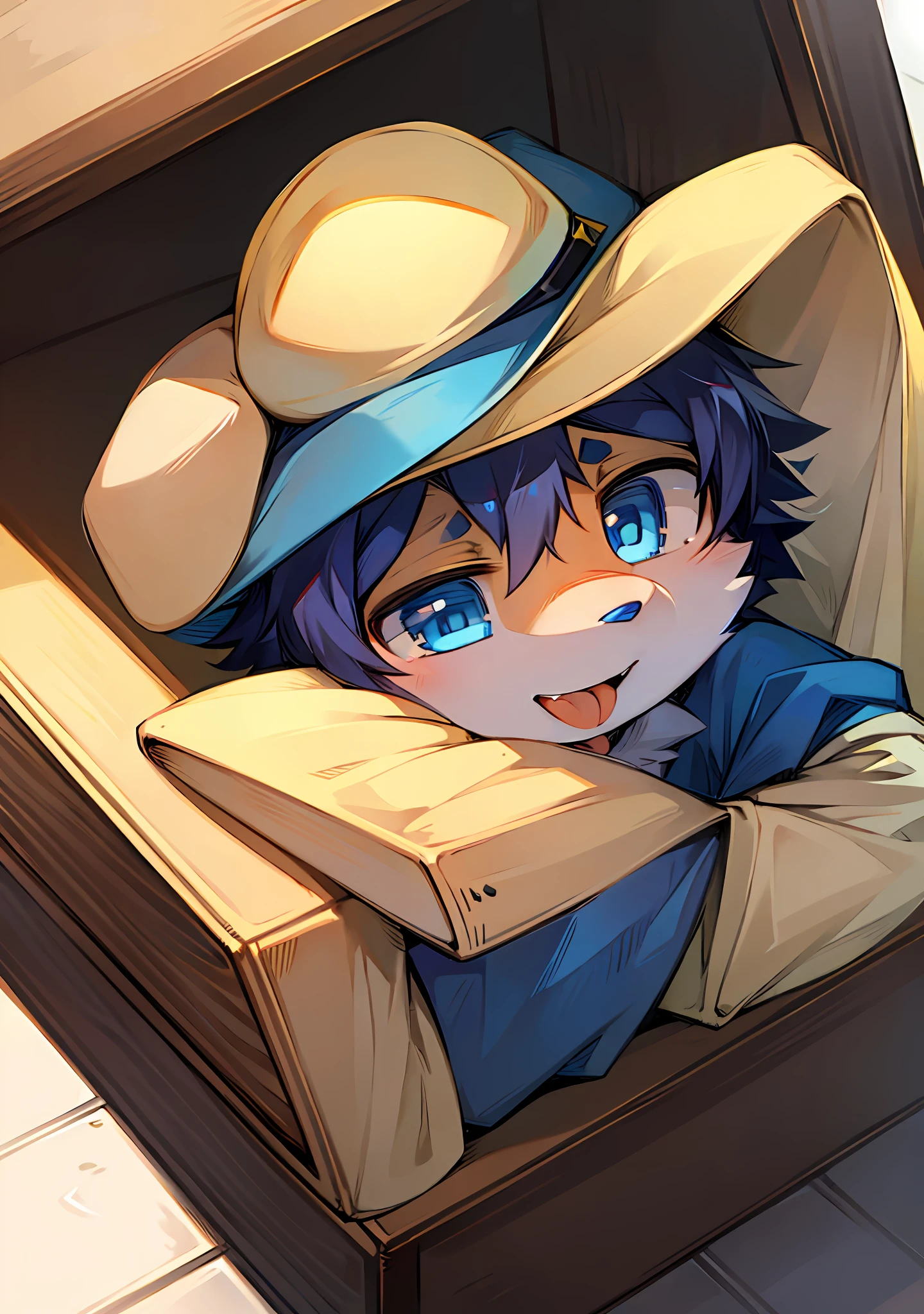 Dog, cute, little boy, tongue sticking, blue eyes, hat, yellow clothes,