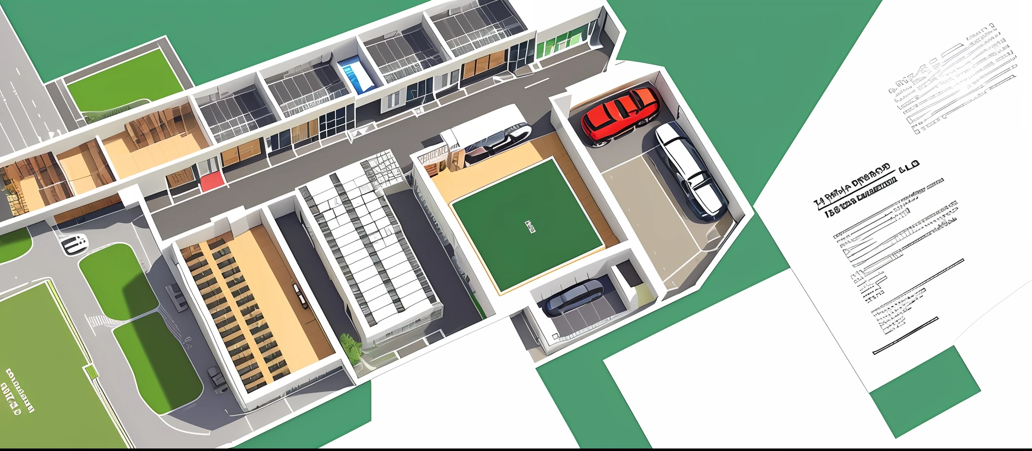a view of a plan of a building with a parking lot, isometric view!!!!, zoomed out view, 2 d overhead view, isometric perspective view, top - view, bird's eye view, aerial perspective, detailed rendering, isomeric view, bird's-eye view, bird's - eye view, isometric view, isometric 3d render