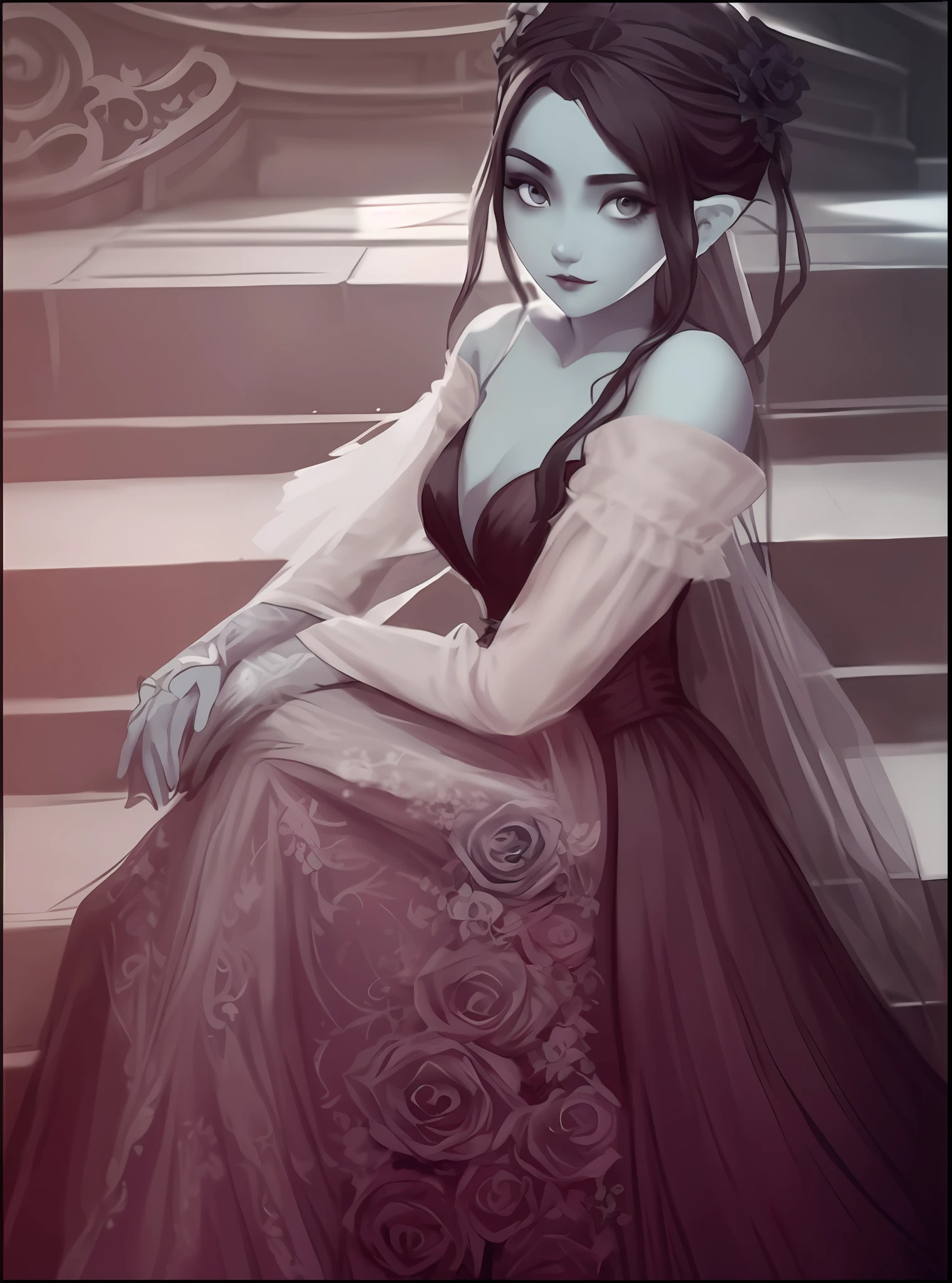 A close-up of a woman in a dress sitting on a set of stairs, bridal art style, princess, an elegant gothic princess, artwork in the style of Guweiz, in the style of Ross Tran, Stancely Artgerm, Artgerm Lau, in Artgerm style
