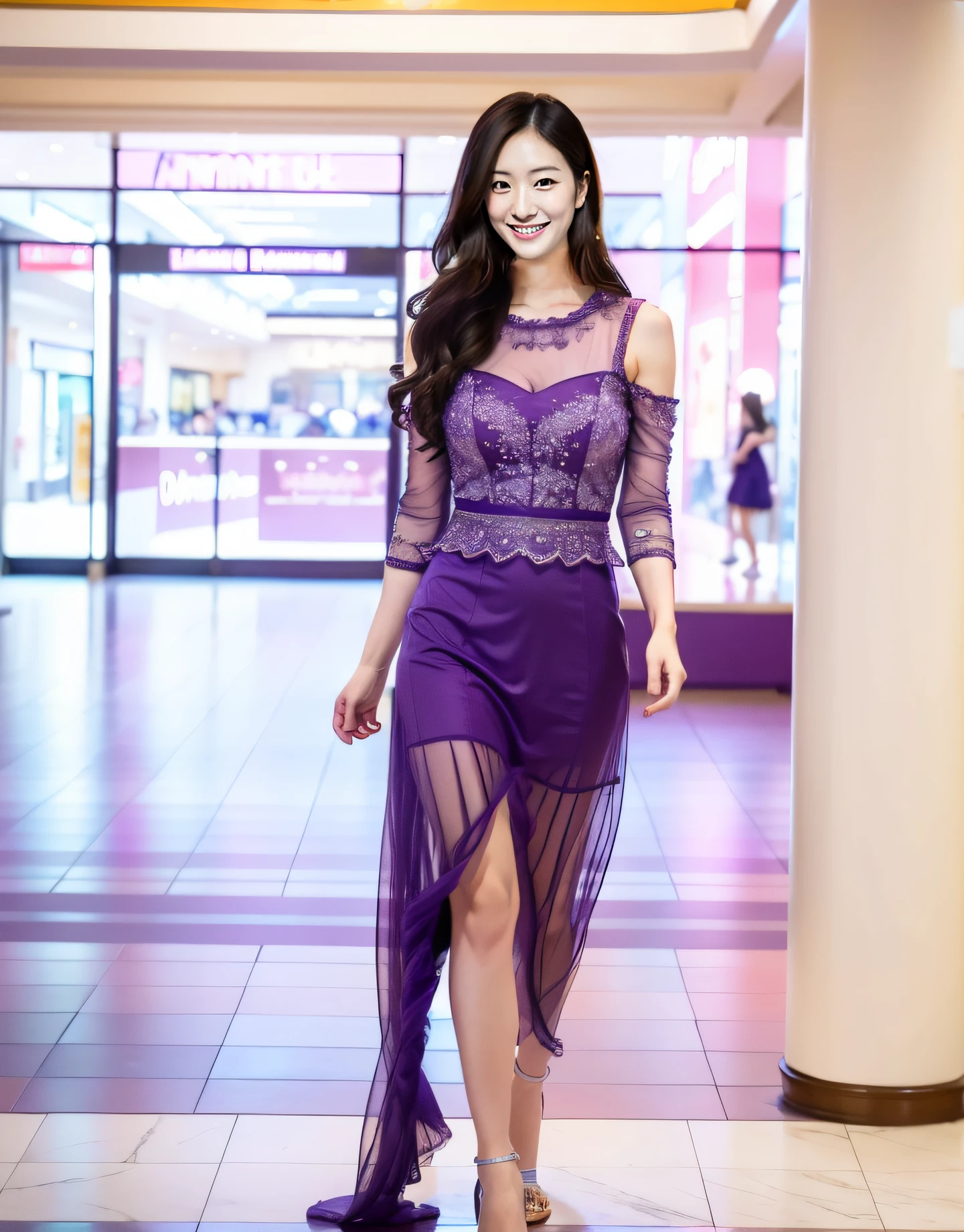 8k, 4k, masterpiece, High detail RAW color photo professional close photograph, (highly detail face: 1.5), ,(cute smile:1.5), ultra high res, photorealistic, 1girl, lovely expression, (((wearing a lovely purple dress))), ((inside a detailed mall background))), (walking pose), (dynamic pose:1.3)