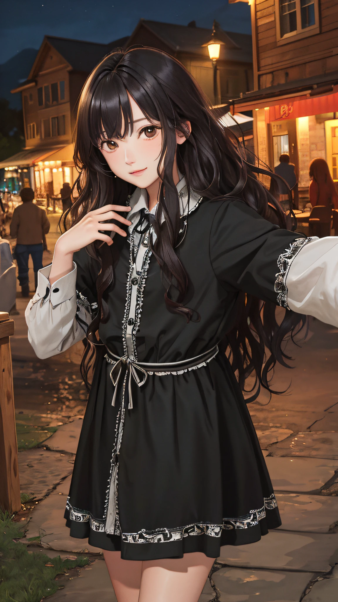 (masterpiece:1.2), (best quality:1.2), night, (looking at viewer), bright skin, cowboy shot, 
outdoors, fringe, 
long hair, (wavy hair),