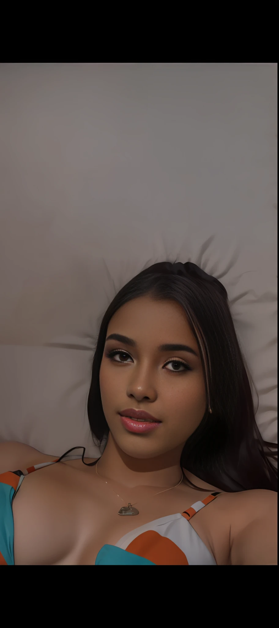 There is a bikini woman lying on a bed, she is facing the camera, beautiful Latino face, wide lips, portrait, sexy look at the camera, sexy face, webcam images, she is about 18 years old, with brown skin, selfie of a young woman, looking straight at the camera, high quality video