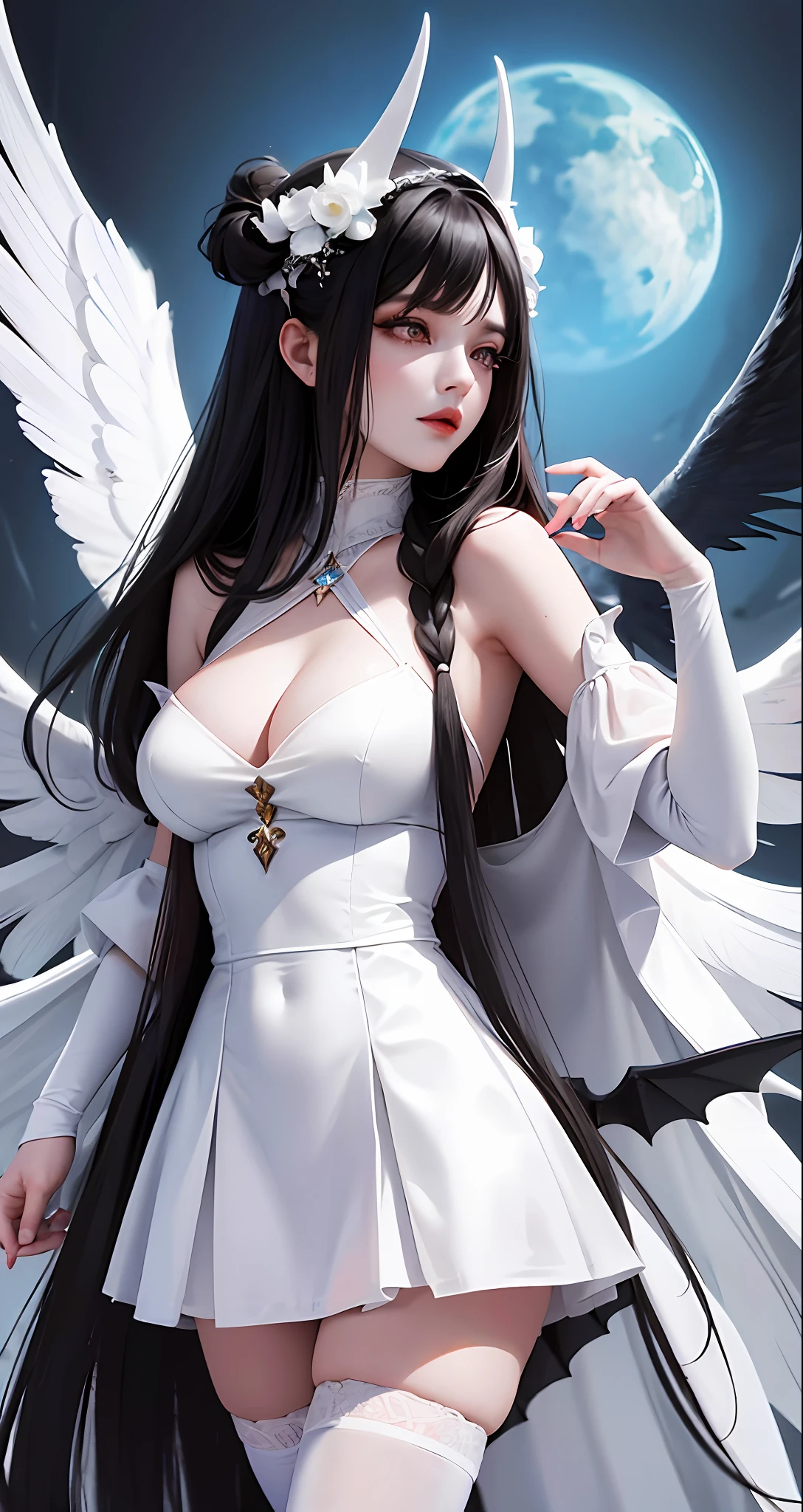 Arad woman wears white and black dress with horns and wings, villain has black angel wings with straight legs, Angela White, cosplay, tight skirt succubus, overlord's albedo, (8K high quality art). Super Wide Angel, Amulan, Full RPG, Anime Girl RPG, Angel Wings on the Back, Anime RPG, Amiráns as a Supervillain.