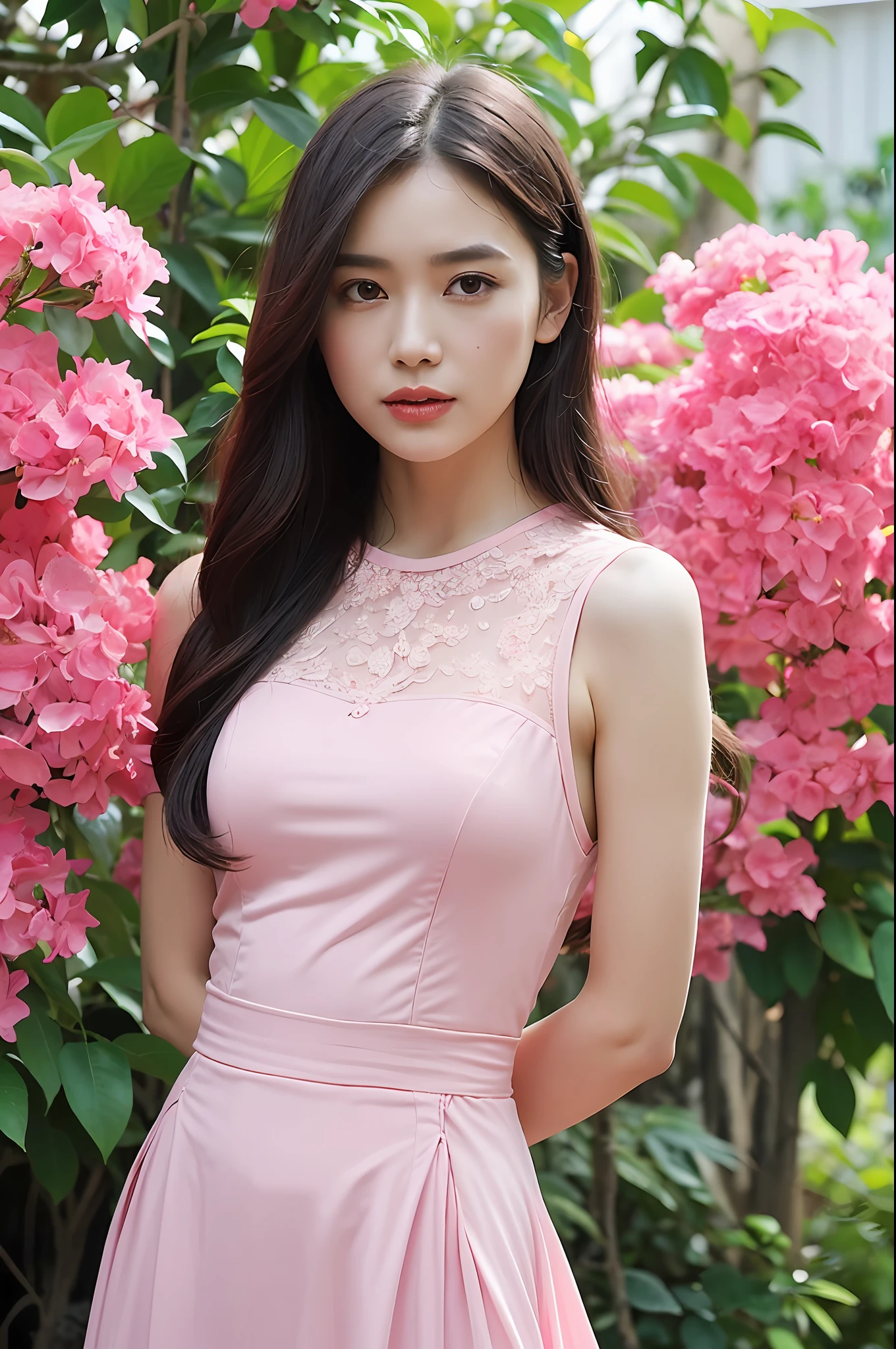 (Highly detailed body, highly detailed face, best quality: 1.2), a woman, looking at the audience, (pink dress), (pink bougainvillea chaos in the background: 1.4)