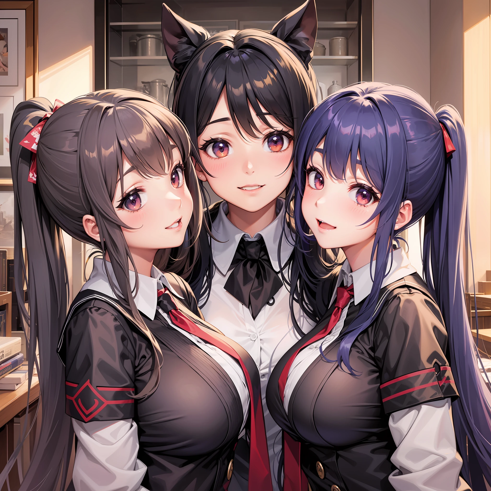 Harem Multiple Girls Smile Best Quality Masterpiece Long Hair Ponytail Twin Tails Uniform School Big Tits