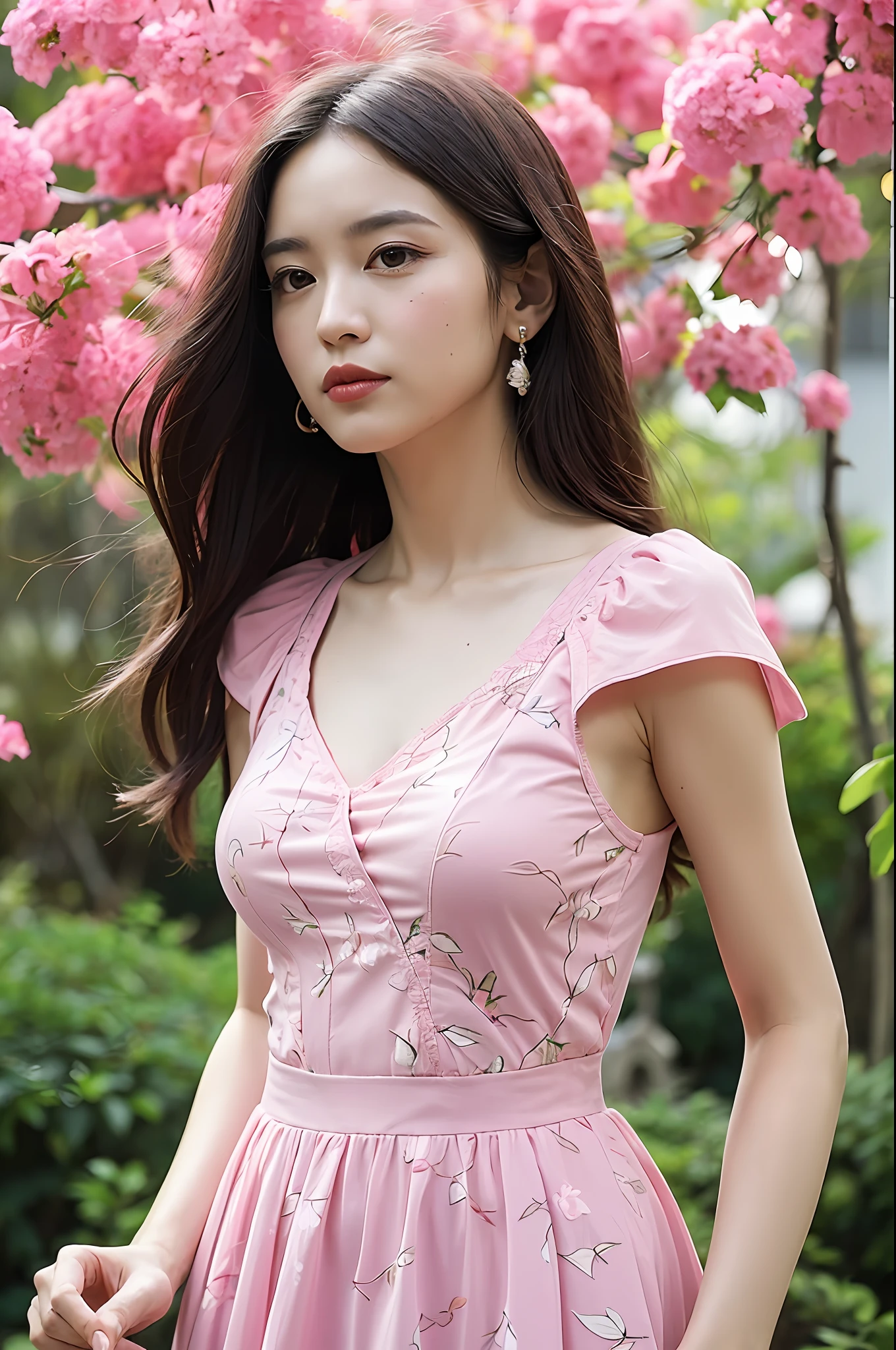 (Highly detailed body, highly detailed face, best quality: 1.2), a woman, looking at the audience, (pink dress), (pink bougainvillea chaos in the background: 1.4)